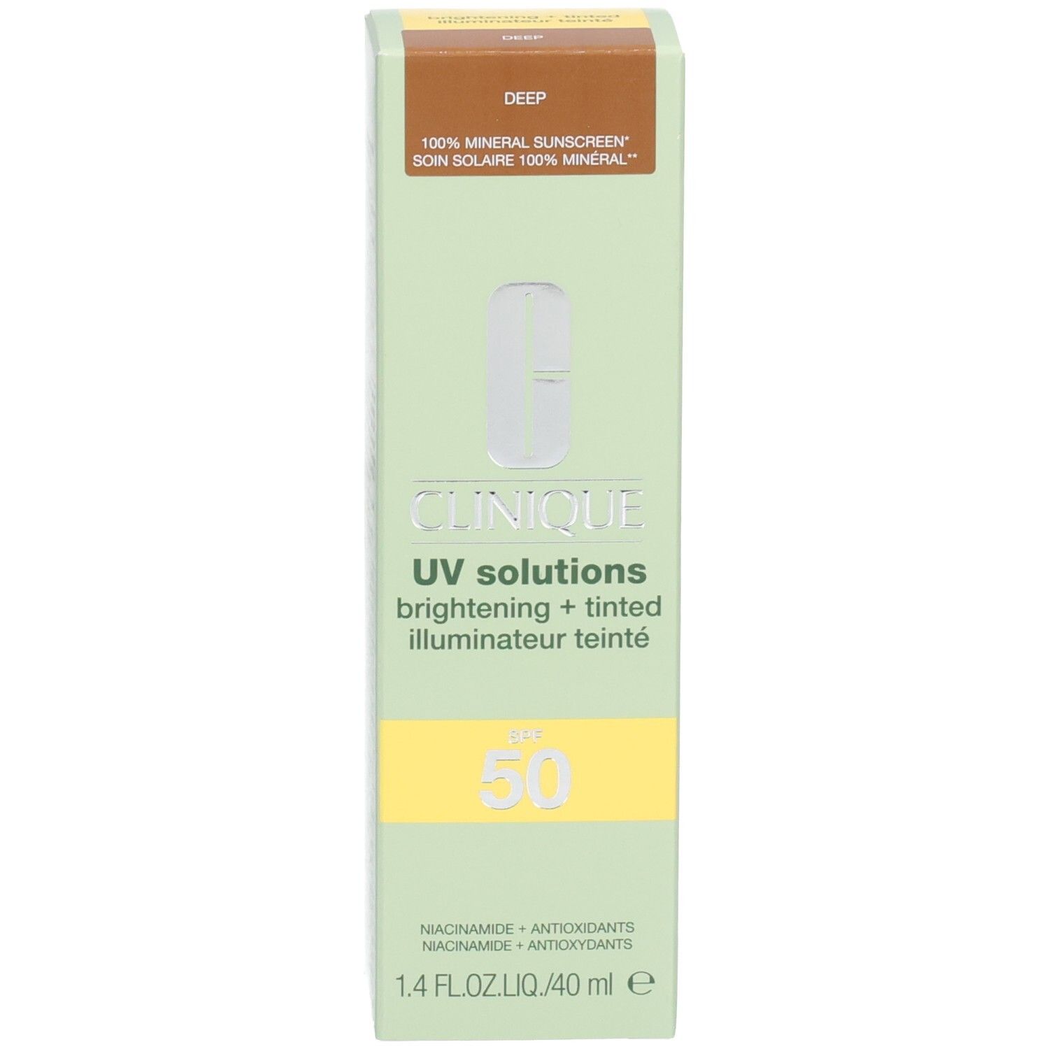 Verpackung der Clinique Sonnencreme LSF 50, Deep-Farbton, mit Produktinformationen.