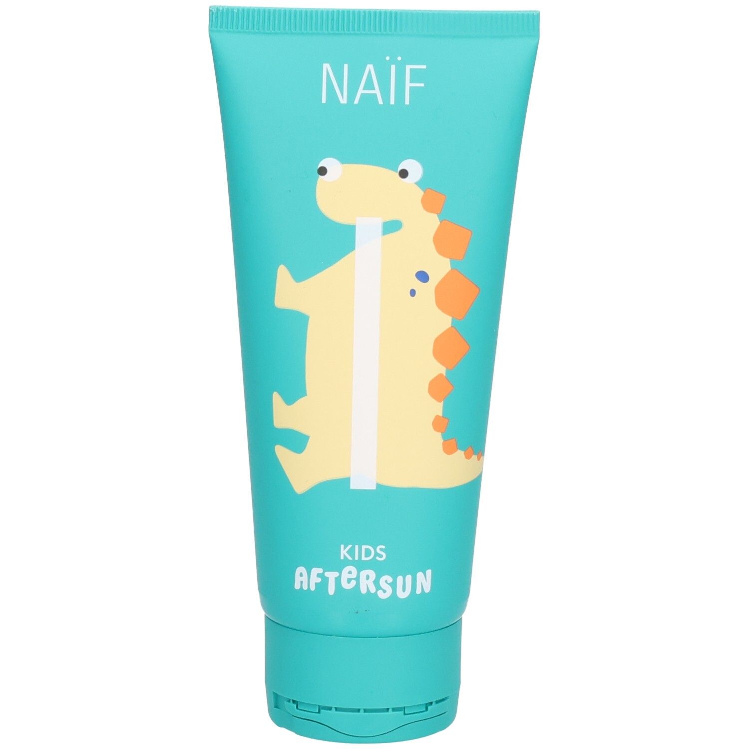 Türkisfarbene Tube mit gelbem Dino-Design. Oben steht "NAÏF", darunter "KIDS AFTERSUN".