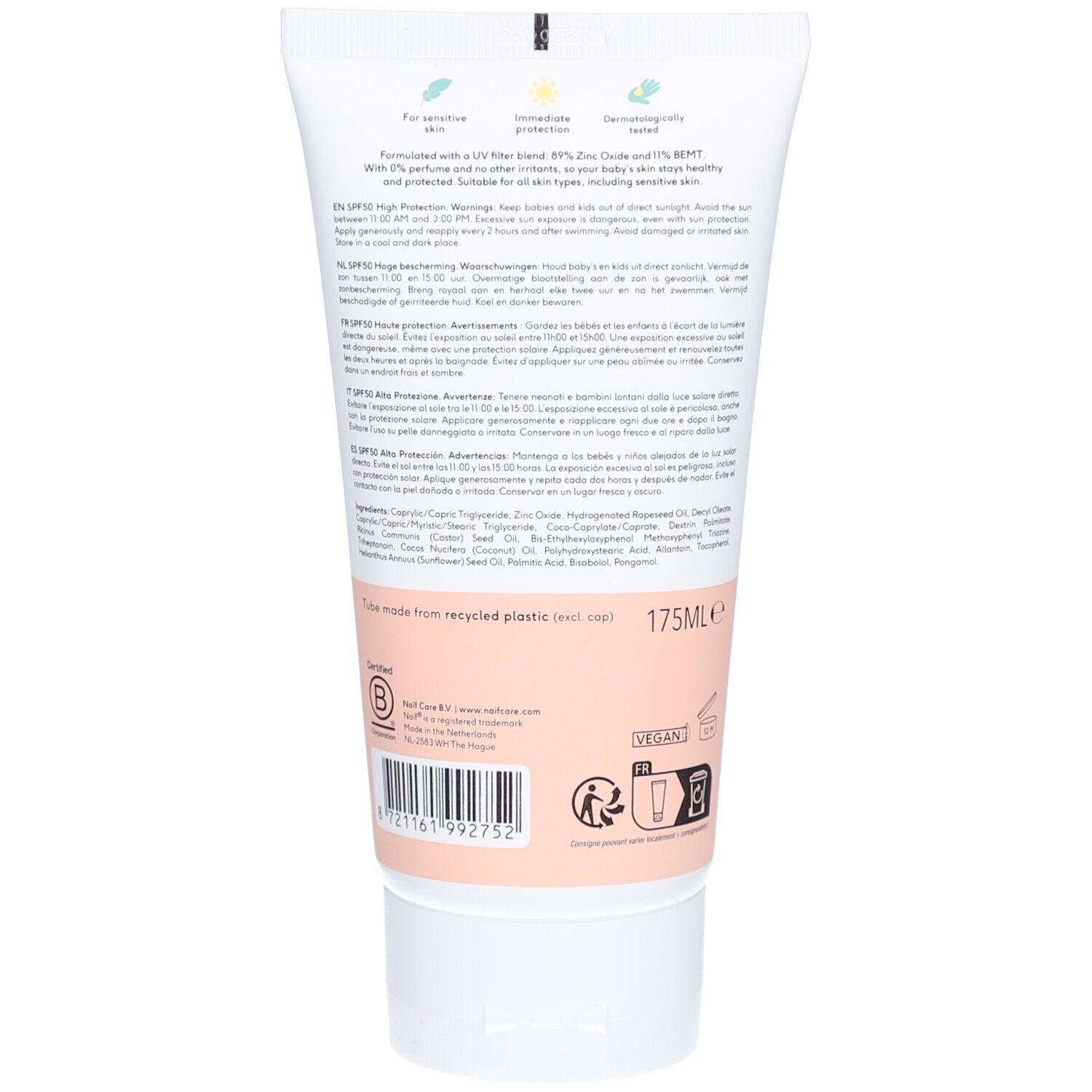 Dos du tube. Texte: filtre UV, 89% oxyde de zinc, 0% parfum. 175ml. Fabriqué en plastique recyclé. Vegan.