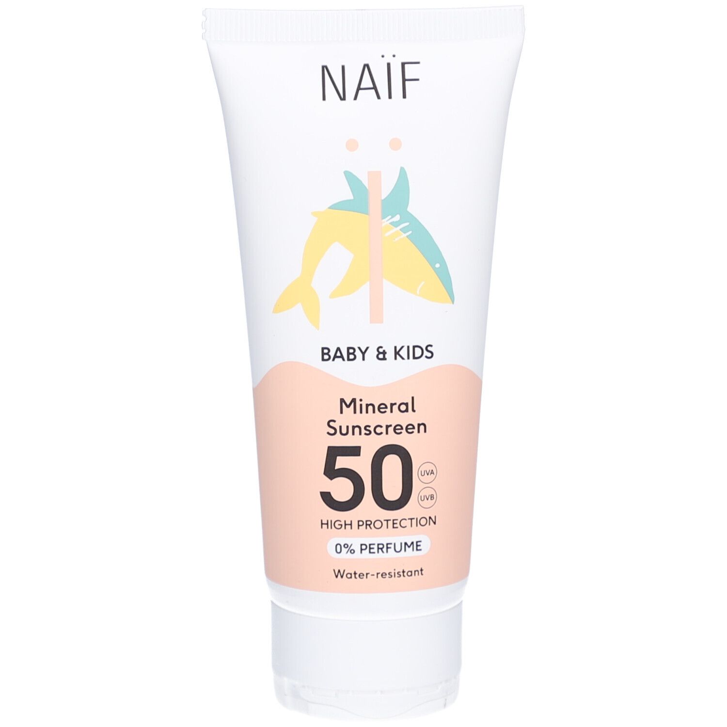 Weiße Tube mit Naïf-Logo und Illustration. Aufschrift: Baby & Kids, Mineral Sunscreen 50, High Protection, 0% Perfume.