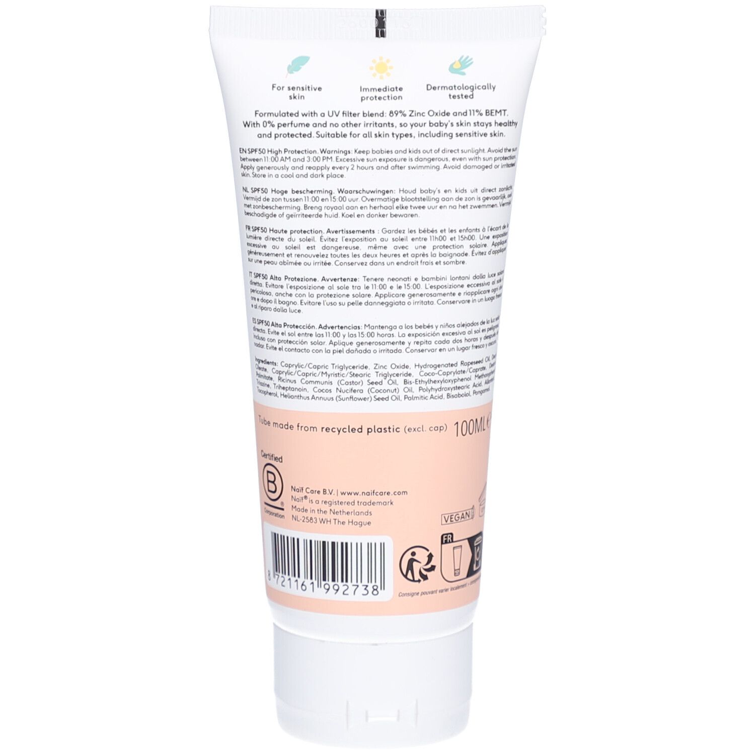 Rückseite der Tube. Text: Für empfindliche Haut, sofortiger Schutz, dermatologisch getestet. Inhaltsstoffe und Zertifizierungen.