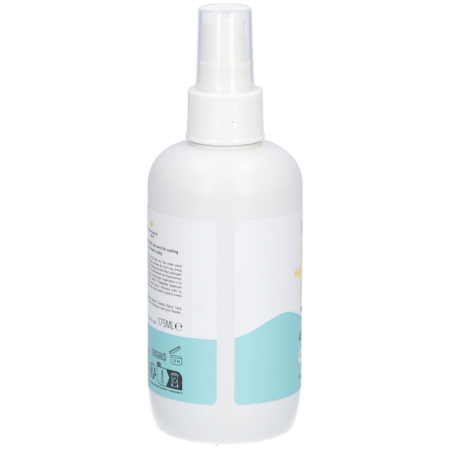 Rückseite der weißen Sprühflasche. Text mit Inhaltsstoffen und Informationen. 125ml. Vegan-Logo.