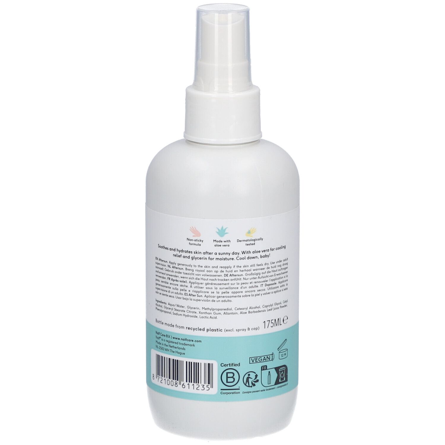 Rückseite der weißen Sprühflasche. Text mit Inhaltsstoffen und Informationen. 125ml. Vegan-Logo.