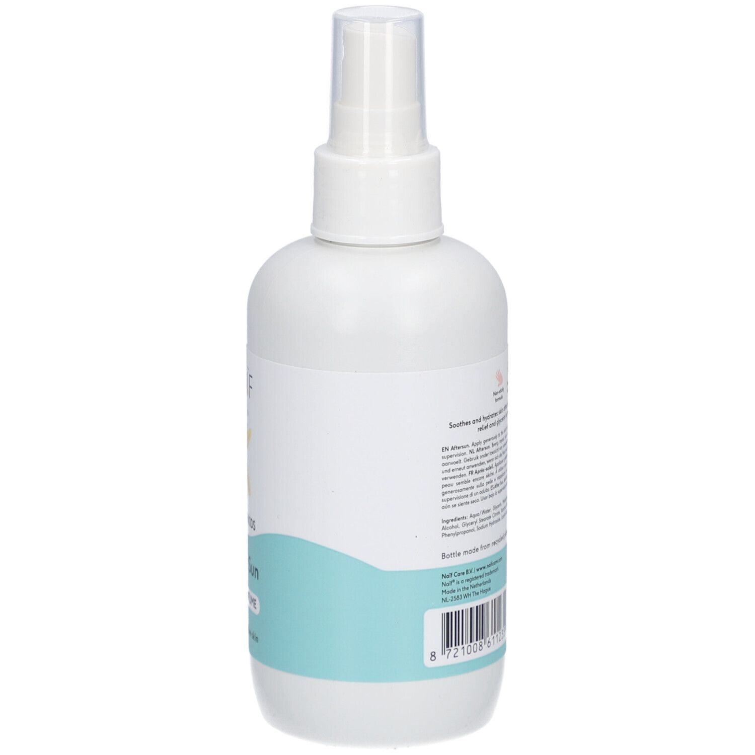 Rückseite der weißen Sprühflasche. Text mit Inhaltsstoffen und Informationen. 125ml. Vegan-Logo.