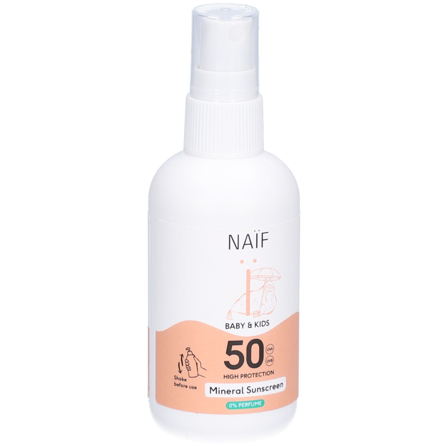 Weiße Flasche mit Sprühkopf. Aufschrift NAÏF, BABY & KIDS, 50 SPF, Mineral Sunscreen. Illustrationen.