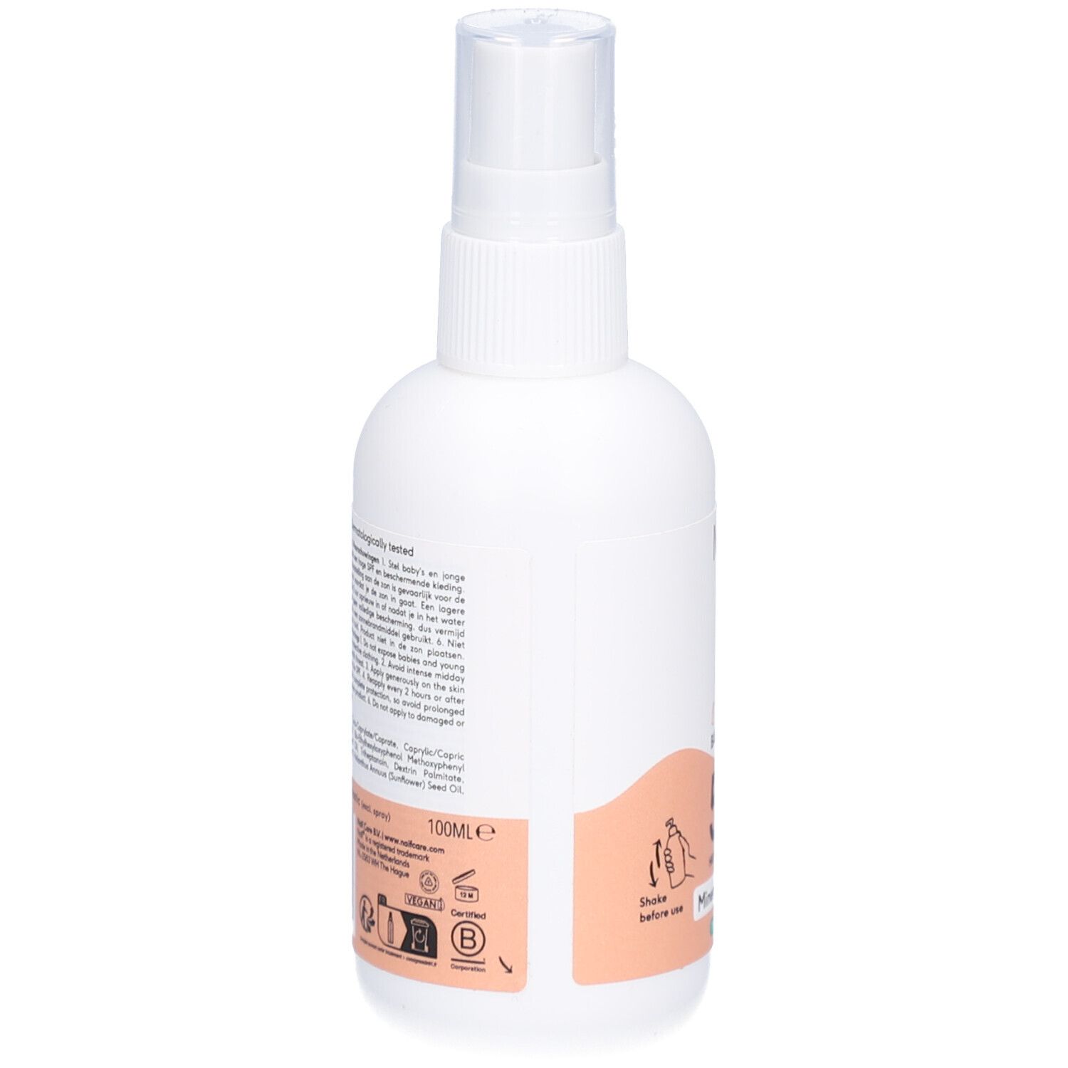 Rückseite der weißen Flasche. Text in mehreren Sprachen. Inhaltsstoffe und Informationen. 100ml.
