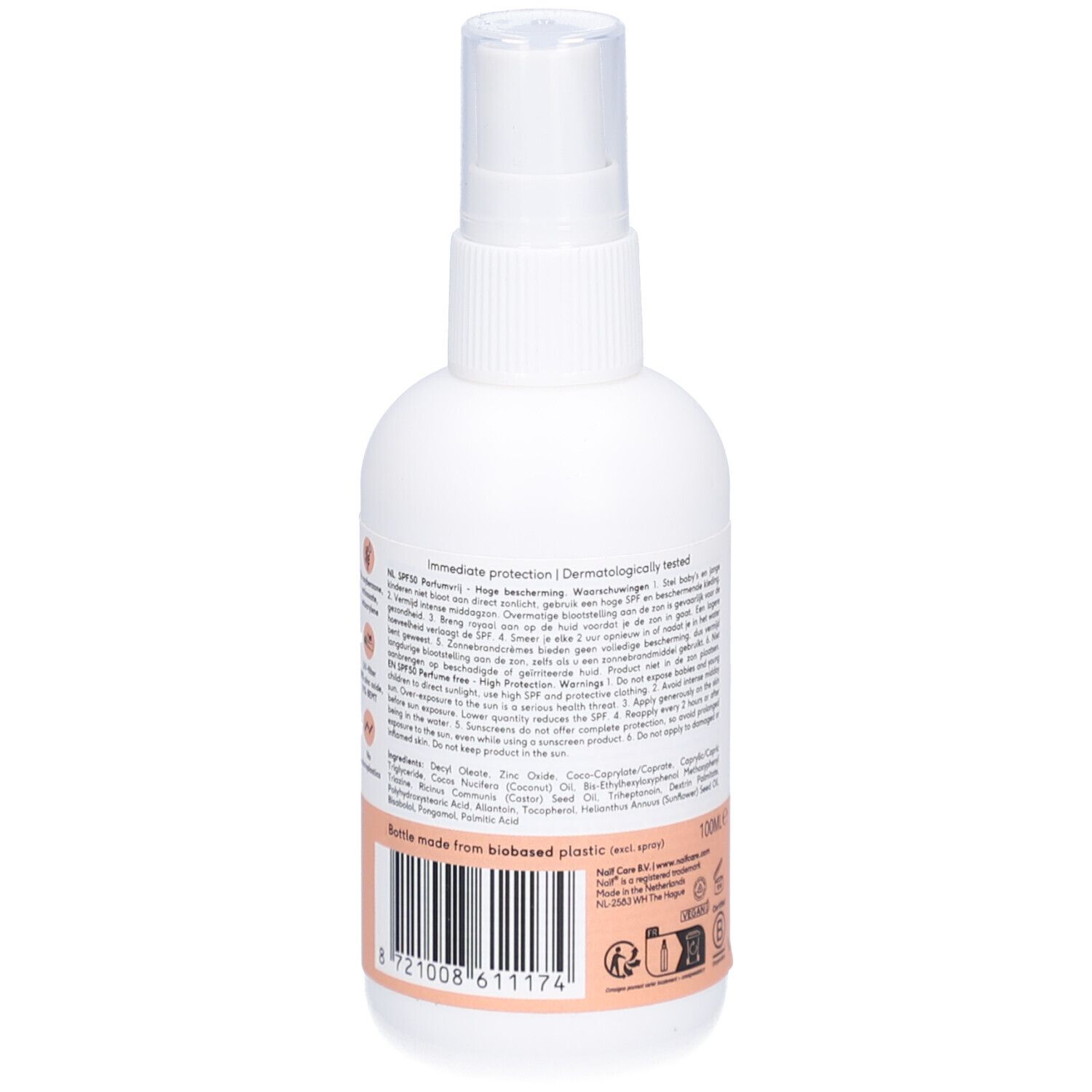 Rückseite der weißen Flasche. Text in mehreren Sprachen. Inhaltsstoffe und Informationen. Barcode.