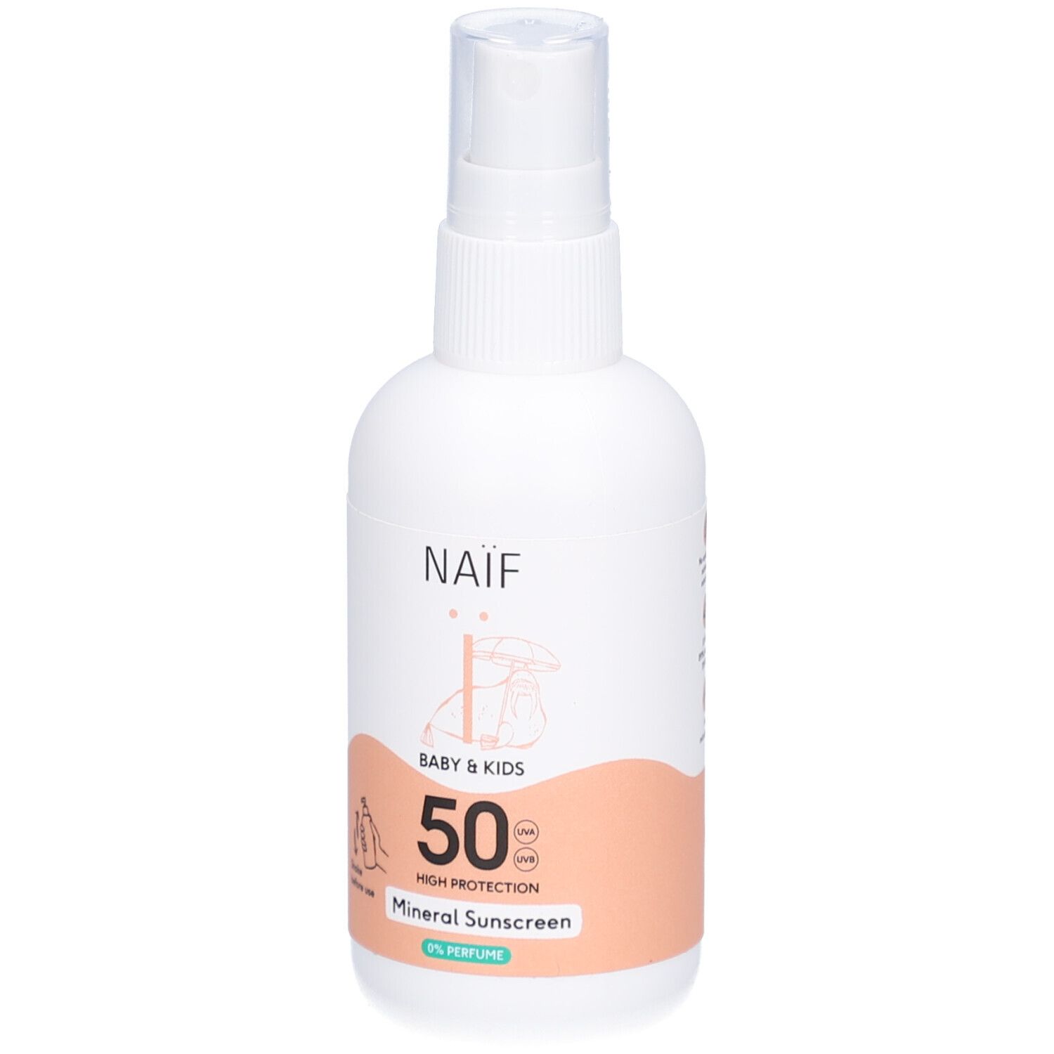 Weiße Flasche mit Sprühkopf. Aufschrift NAÏF, BABY & KIDS, 50 SPF, Mineral Sunscreen. Illustrationen.