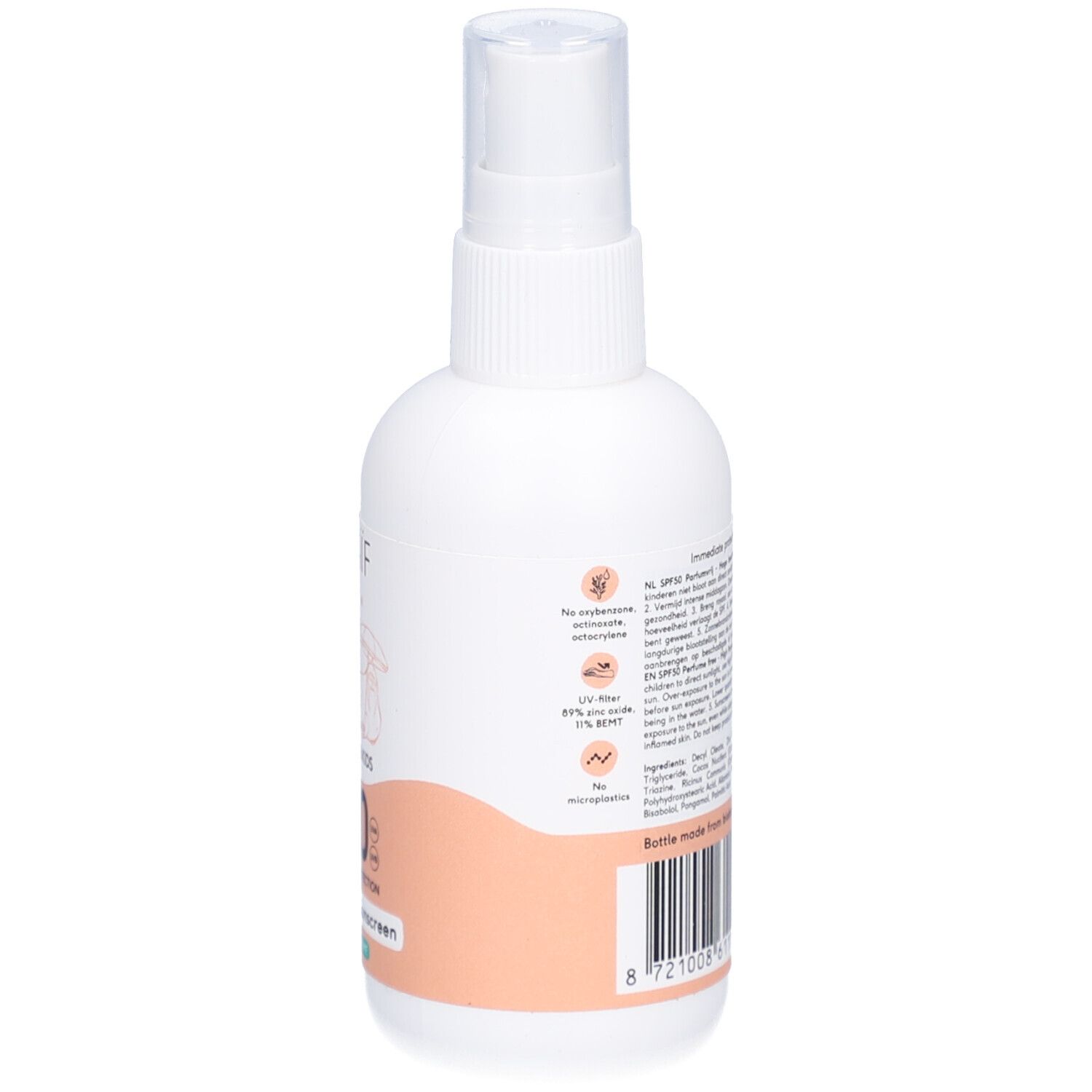 Rückseite der weißen Flasche. Text in mehreren Sprachen. Informationen und Piktogramme. Barcode.