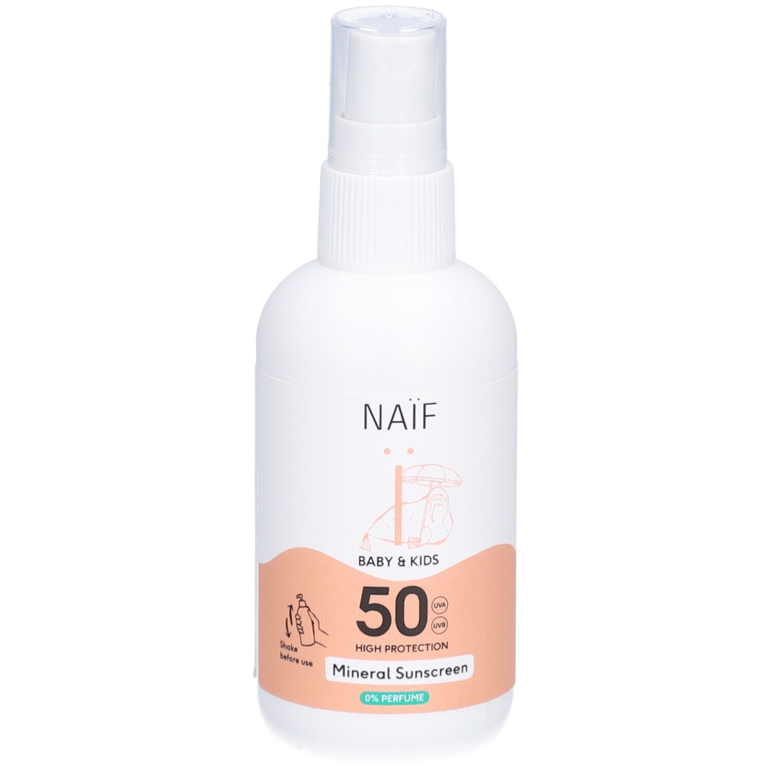 Weiße Flasche mit Sprühkopf. Aufschrift NAÏF, BABY & KIDS, 50 SPF, Mineral Sunscreen. Illustrationen.