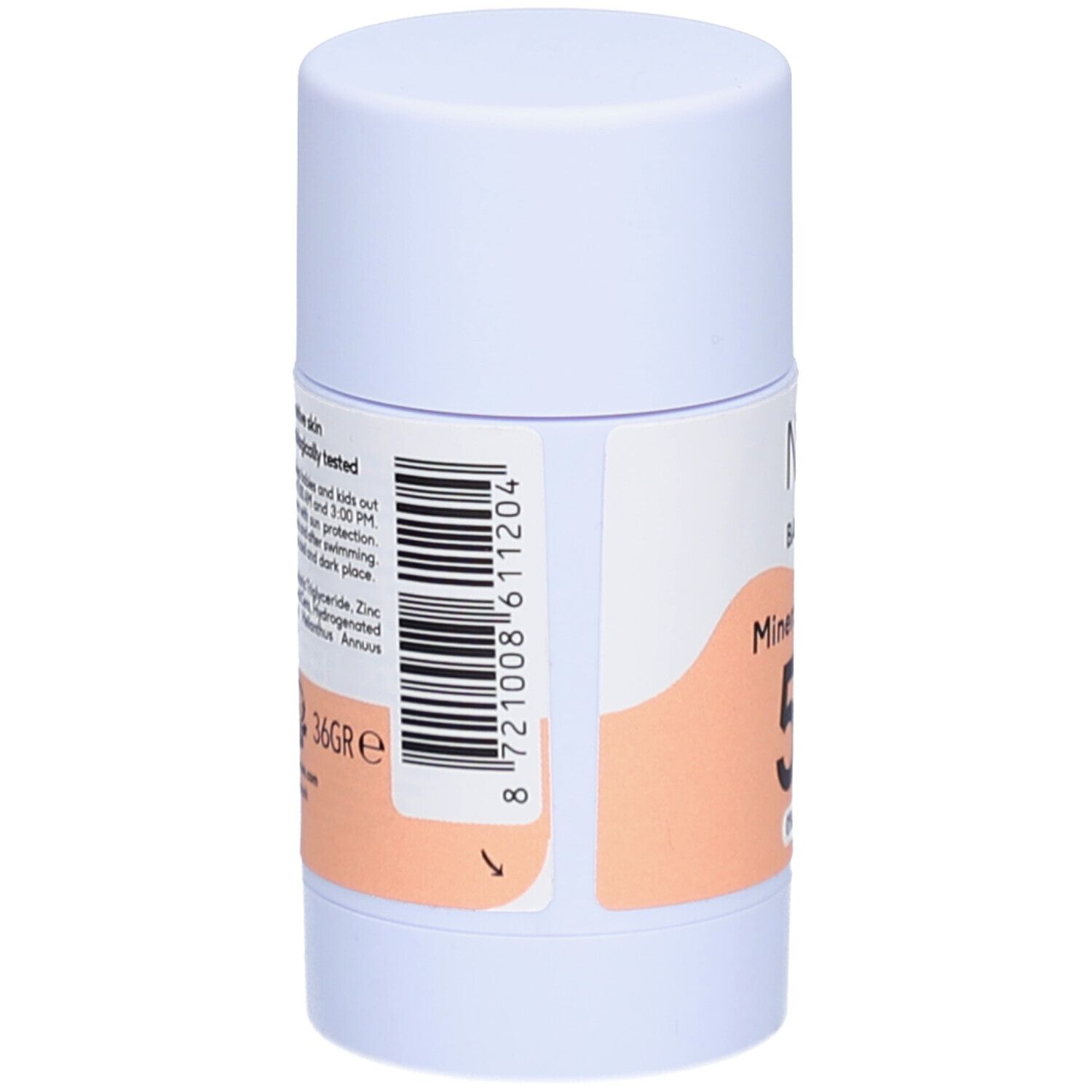 Dos du stick solaire. Code-barres et texte : 36gr, 8721008611204. Inscription : Mineral Sun Stick 50. Autocollant avec ingrédients.