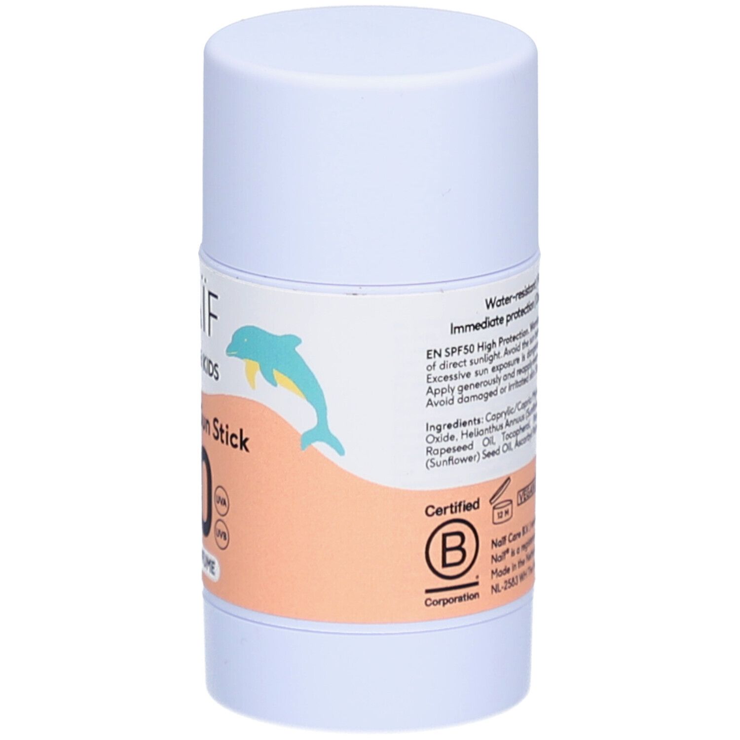 Dos du stick solaire. Texte : Water-resistant, Immediate protection. Certification B-Corp. Illustration de dauphin. Ingrédients.