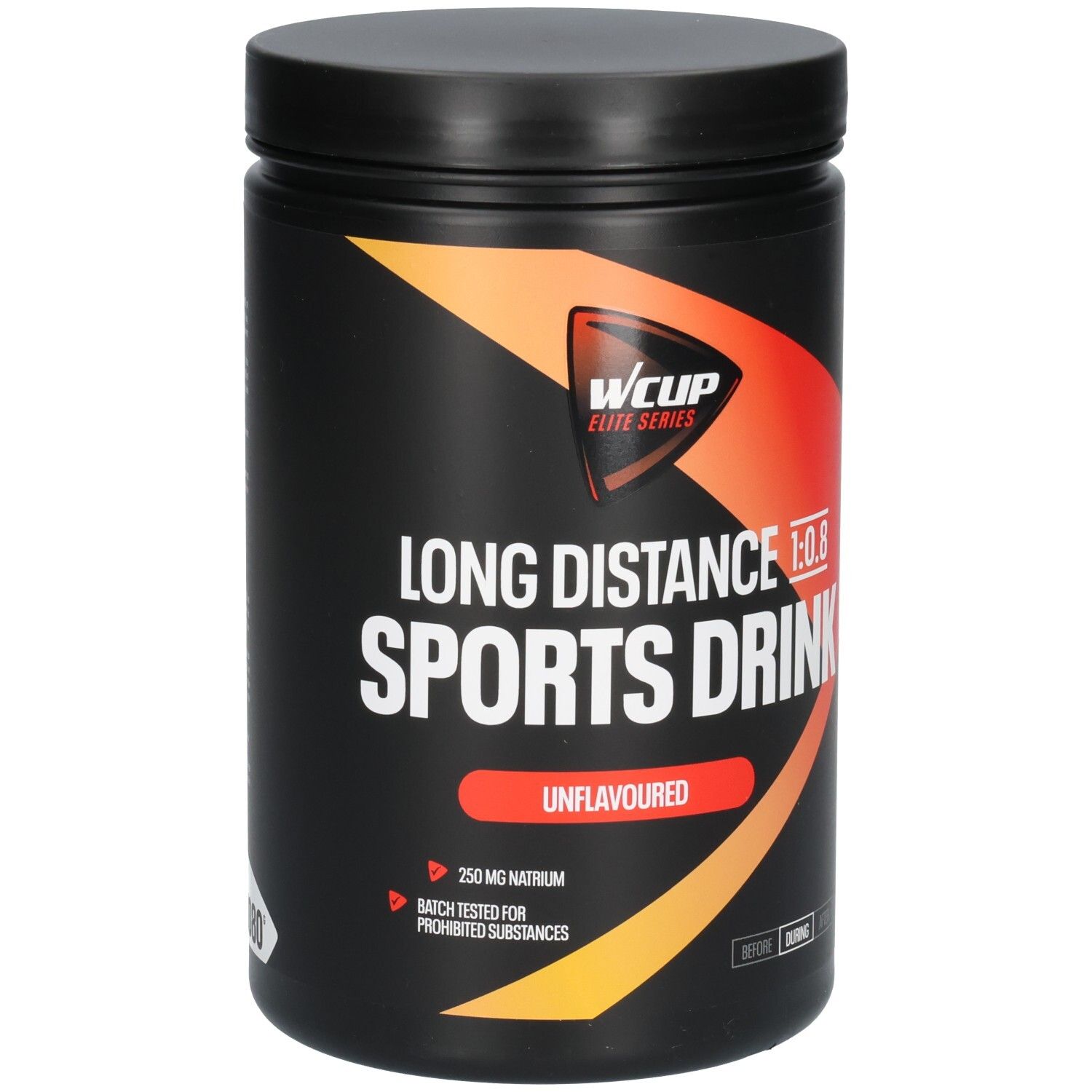 Schwarzer Behälter mit "WCUP Elite Series Long Distance Sports Drink 1:0.8 Unflavoured" Aufschrift.