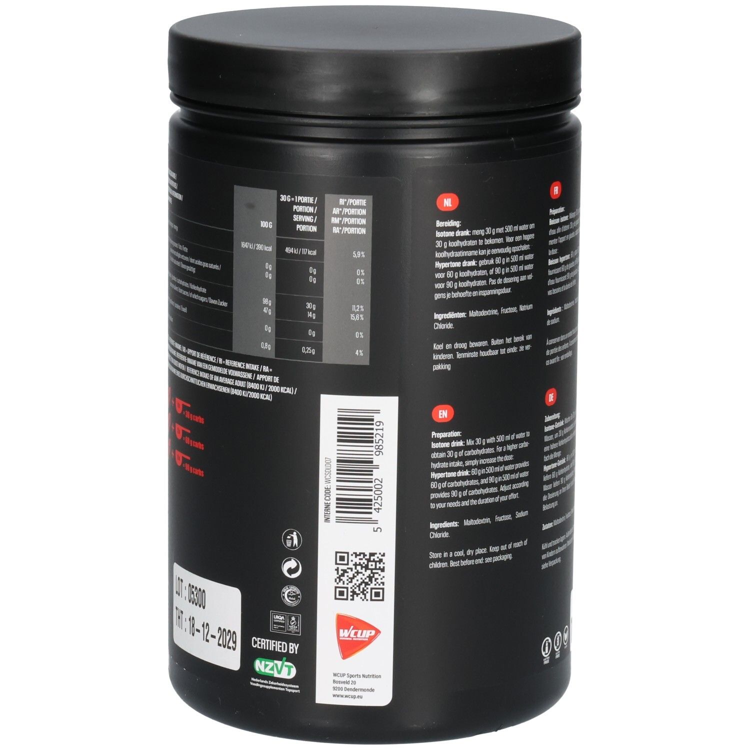 Seite eines schwarzen Behälters mit Nährwertangaben, Barcode und Zertifizierungen.