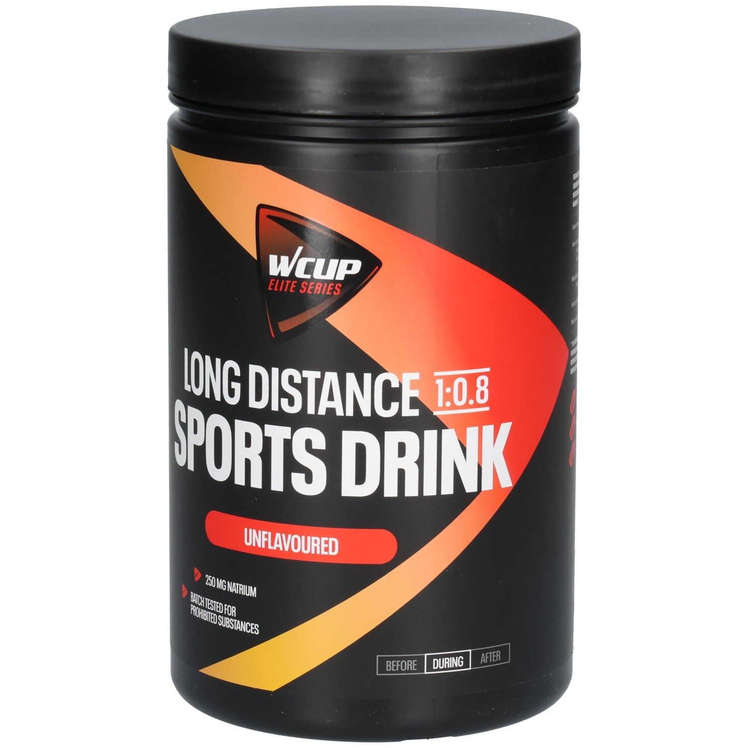 Schwarzer Behälter mit "WCUP Elite Series Long Distance Sports Drink 1:0.8 Unflavoured" Aufschrift.