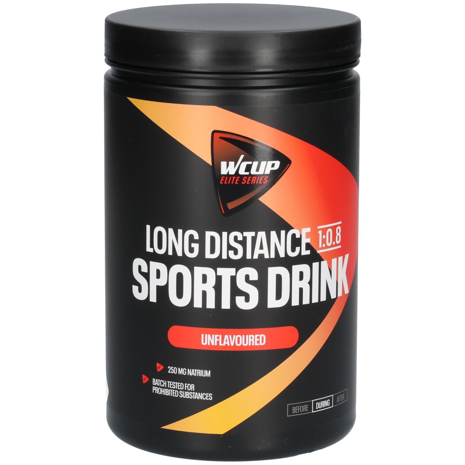 Schwarzer Behälter mit "WCUP Elite Series Long Distance Sports Drink 1:0.8 Unflavoured" Aufschrift.