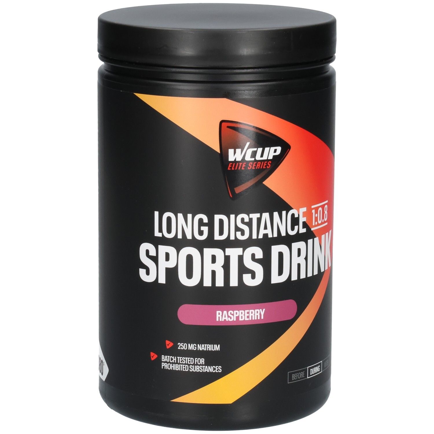 Schwarzer Behälter mit "WCUP Elite Series Long Distance Sports Drink Raspberry" Aufschrift.