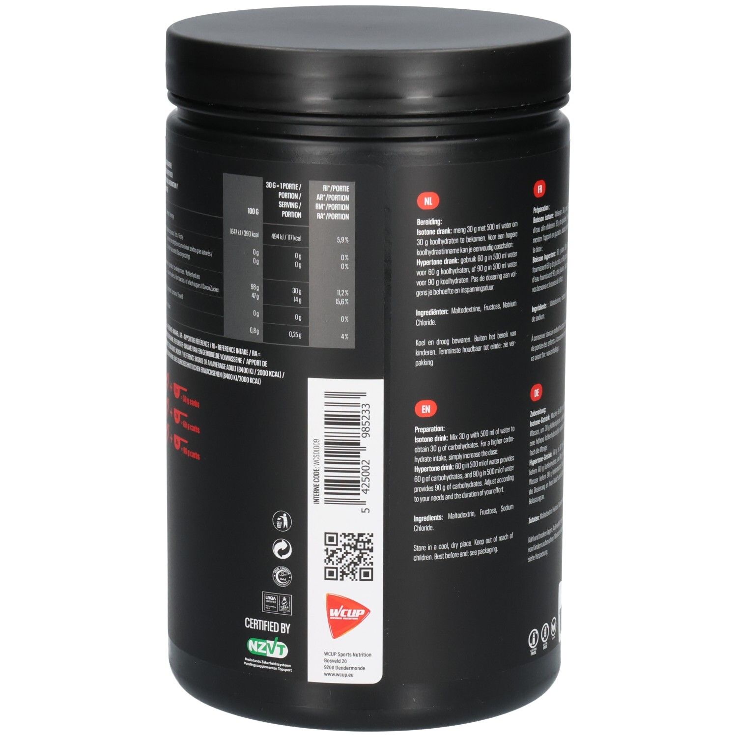Seite eines schwarzen Behälters mit Zertifizierungen und Barcode. "WCUP" Logo sichtbar.