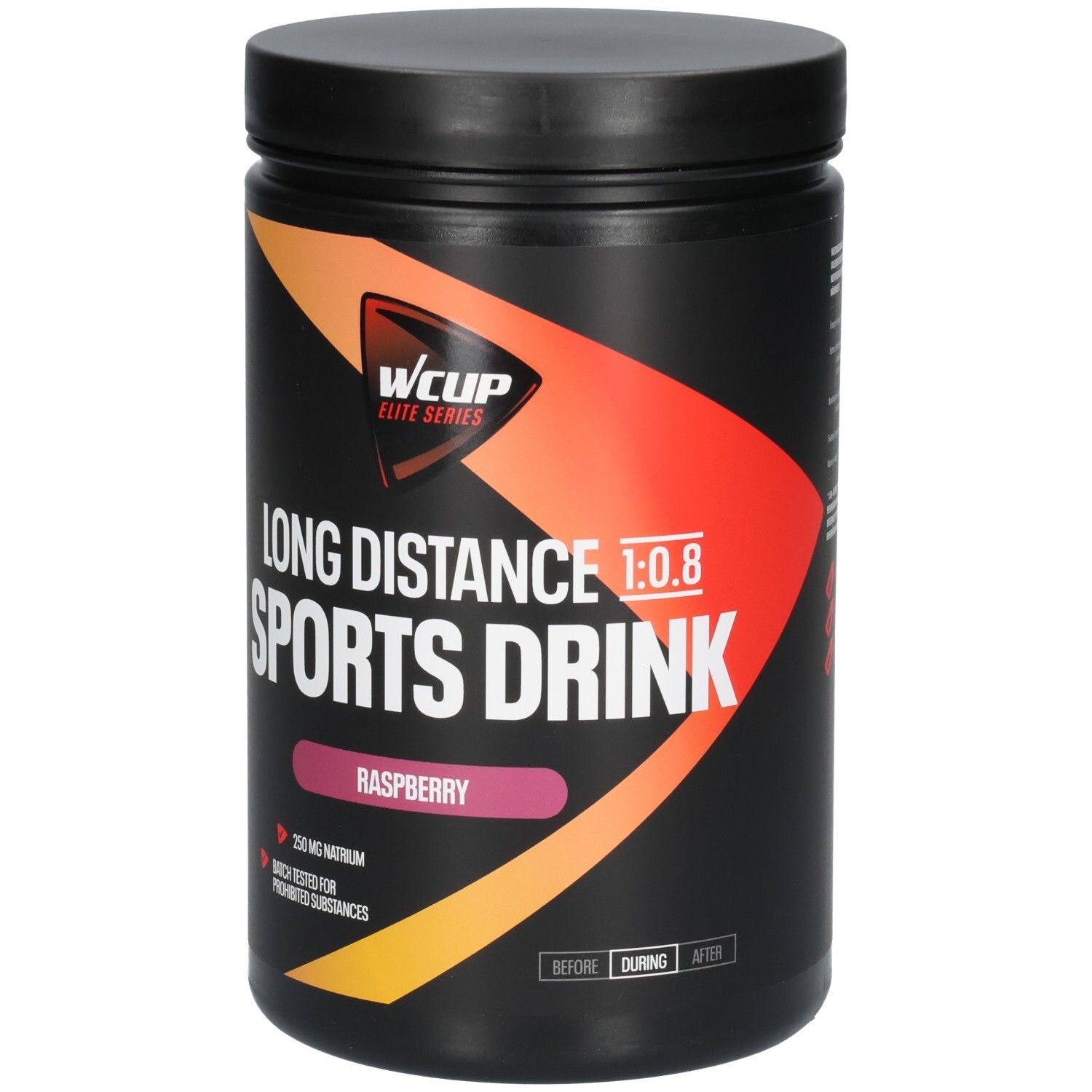Schwarzer Behälter mit "WCUP Elite Series Long Distance Sports Drink Raspberry" Aufschrift und orangenem Design.