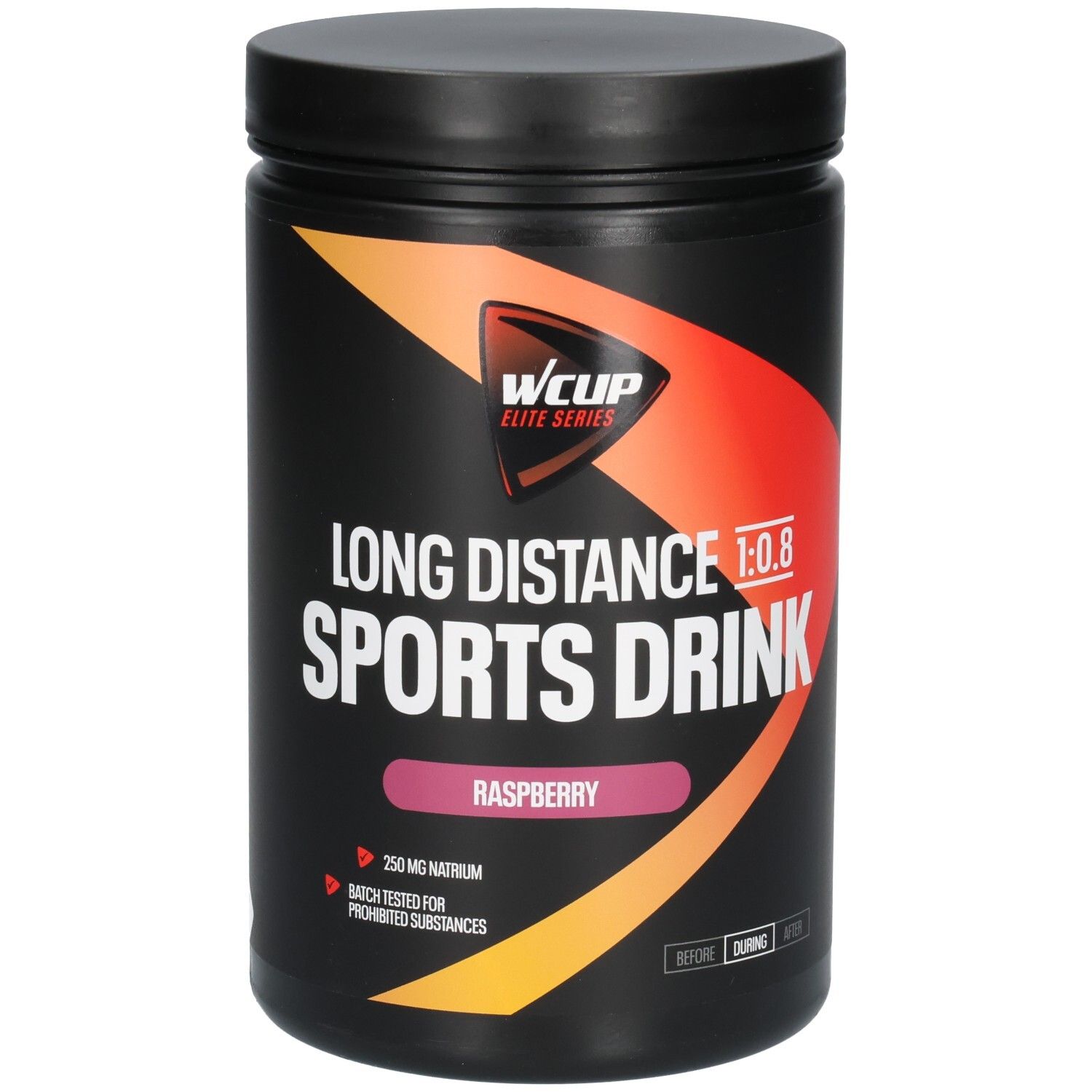 Schwarzer Behälter mit "WCUP Elite Series Long Distance Sports Drink Raspberry" Aufschrift und orangenem Design.