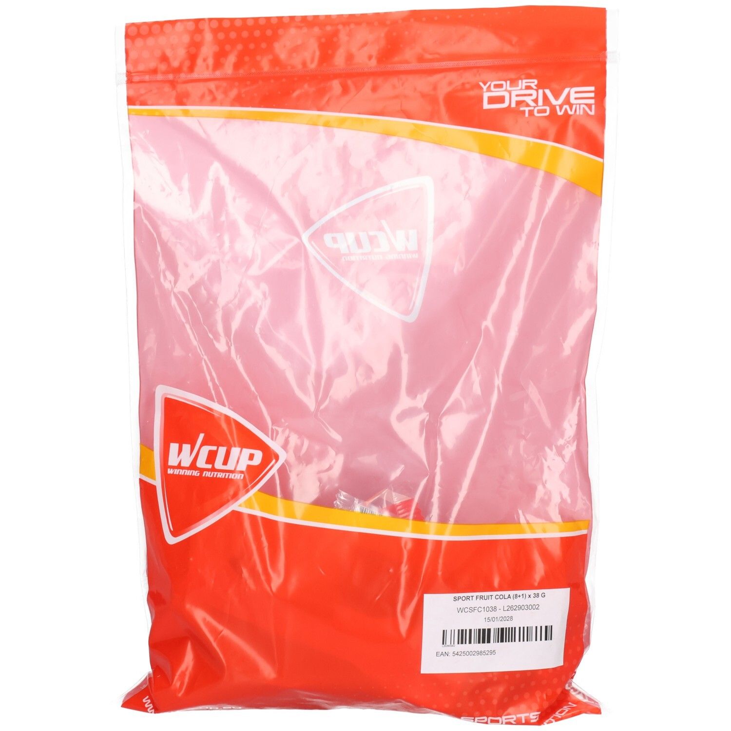 Rote und transparente Plastiktüte mit Wcup-Logo und Produktetikett.