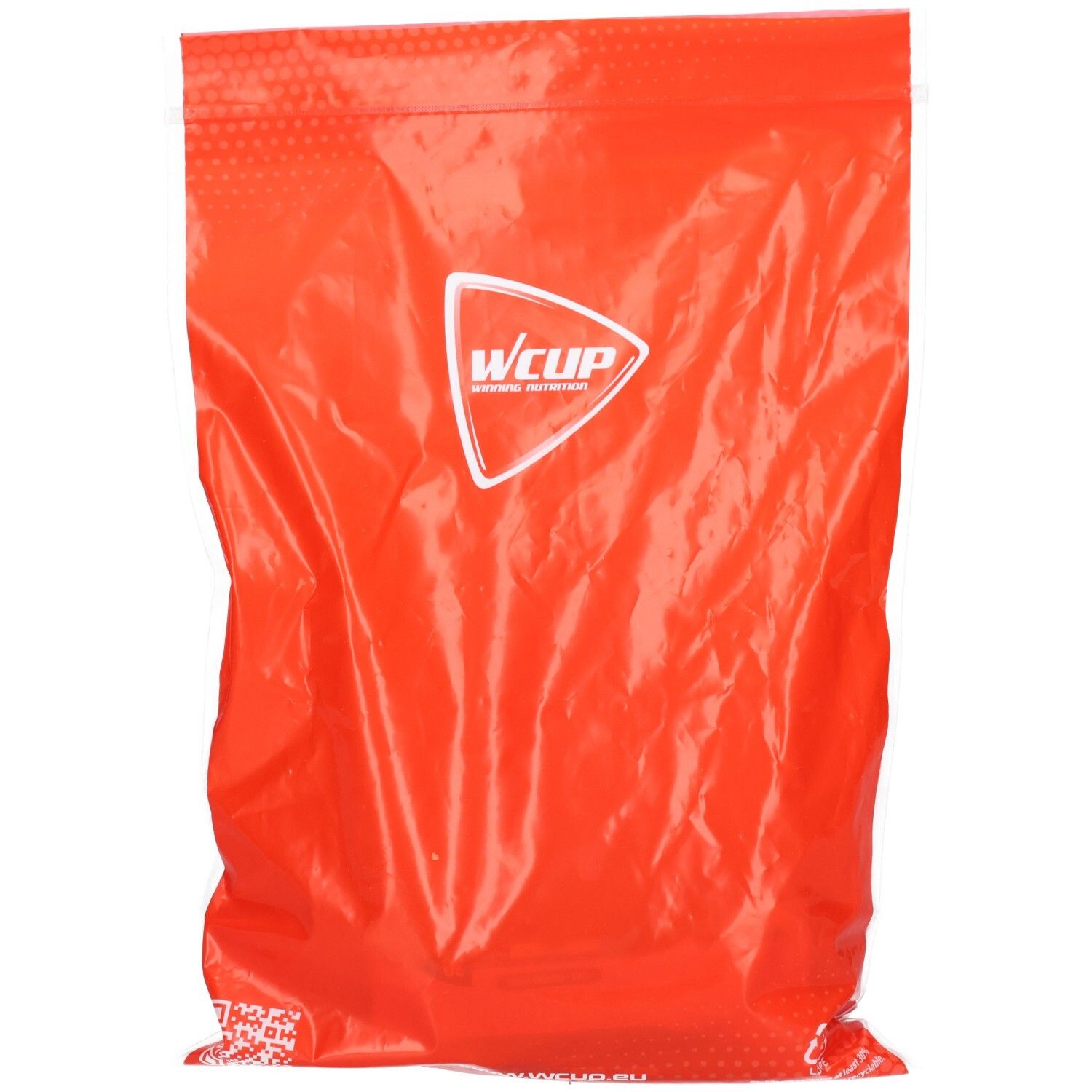 Rote Plastiktüte mit Wcup-Logo.