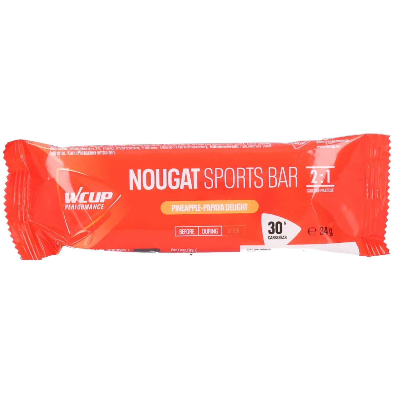 Verpackung eines Wcup Nougat Sports Bar Riegels, 34g, mit Ananas-Papaya-Geschmack.