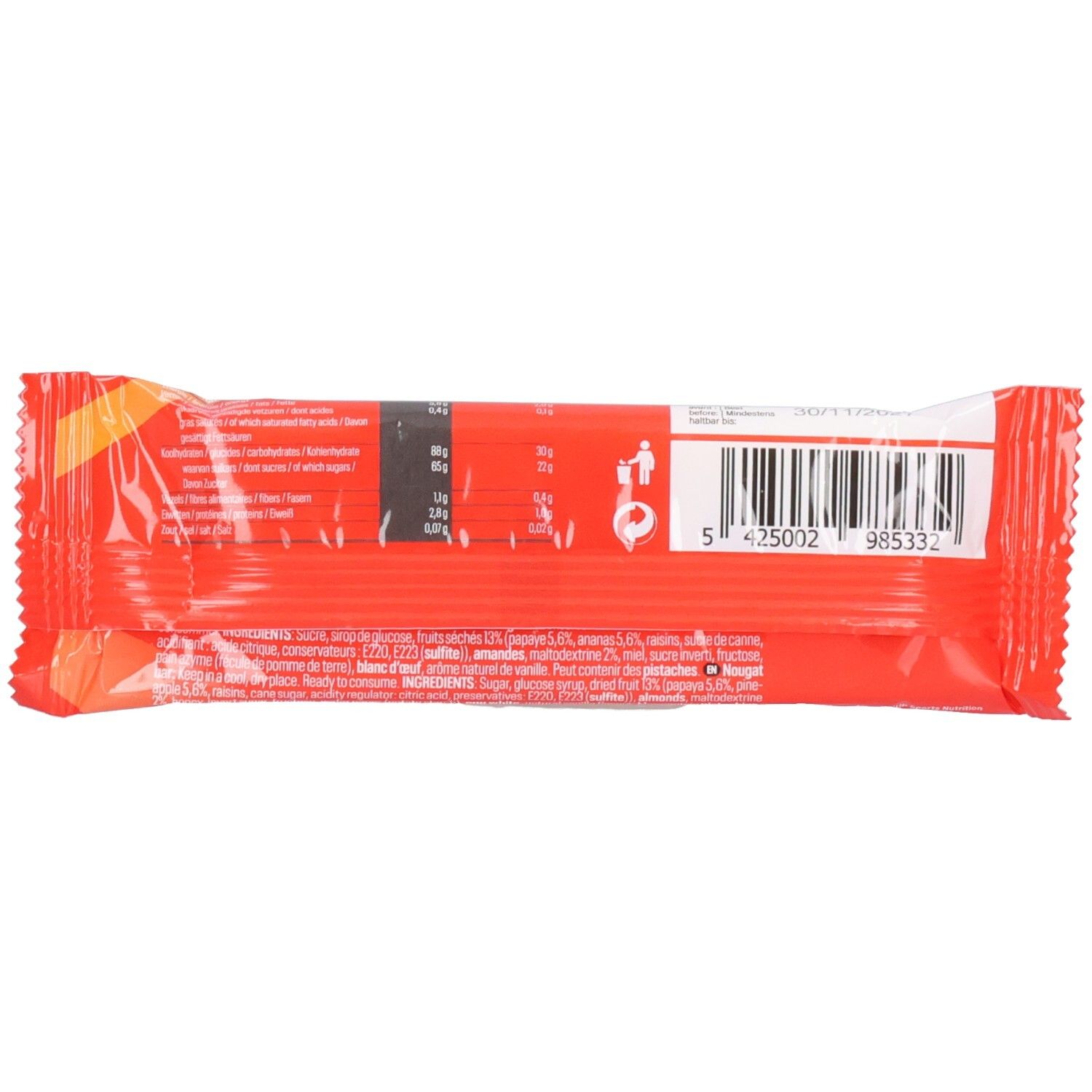 Rückseite der Verpackung eines Wcup Nougat Sports Bar Riegels mit Nährwertangaben und Barcode.