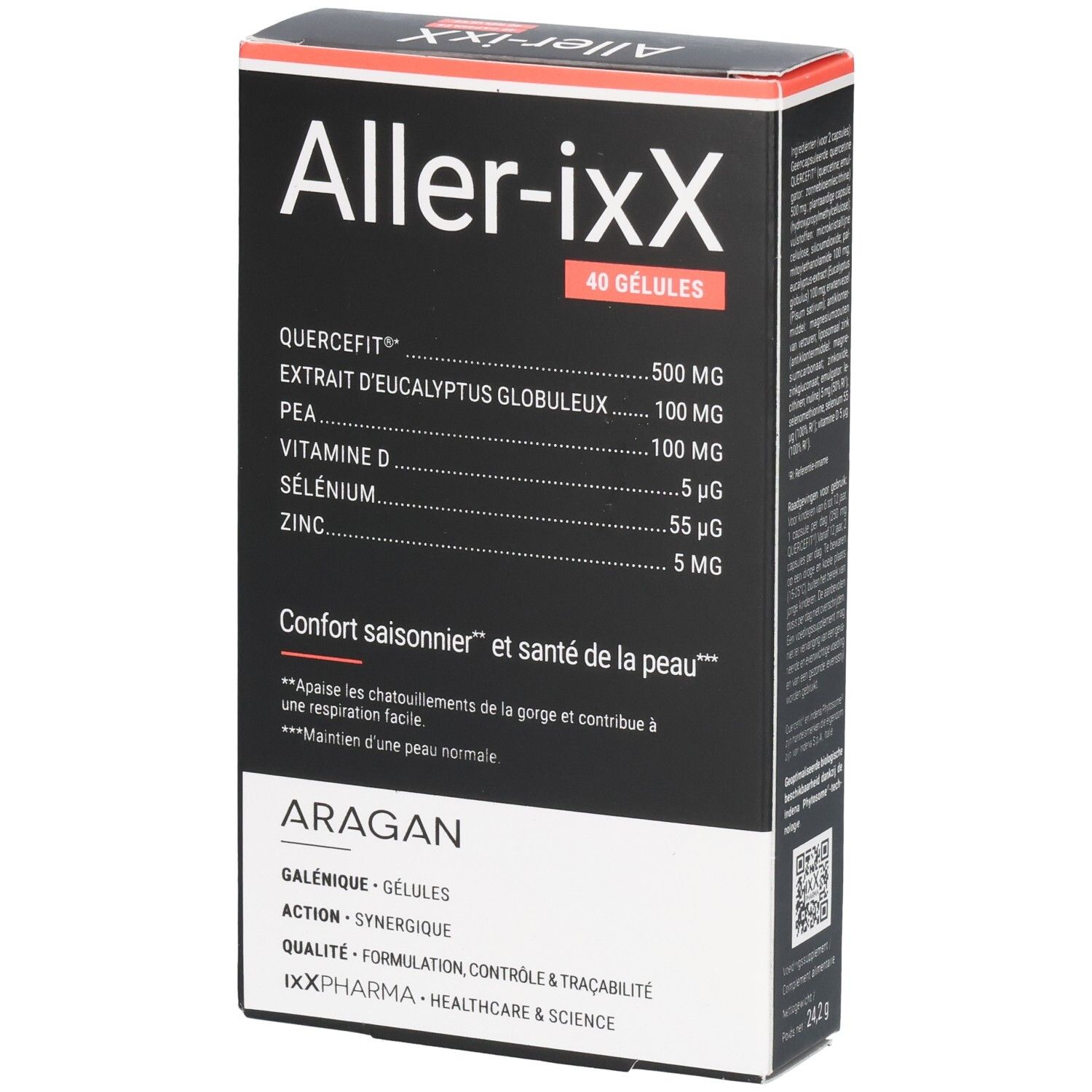 Boîte de Aller-ixX, 40 gélules. Ingrédients: Quercefit, Extrait d'Eucalyptus Globuleux, PEA, Vitamine D, Sélénium, Zinc. Marque: ARAGAN.