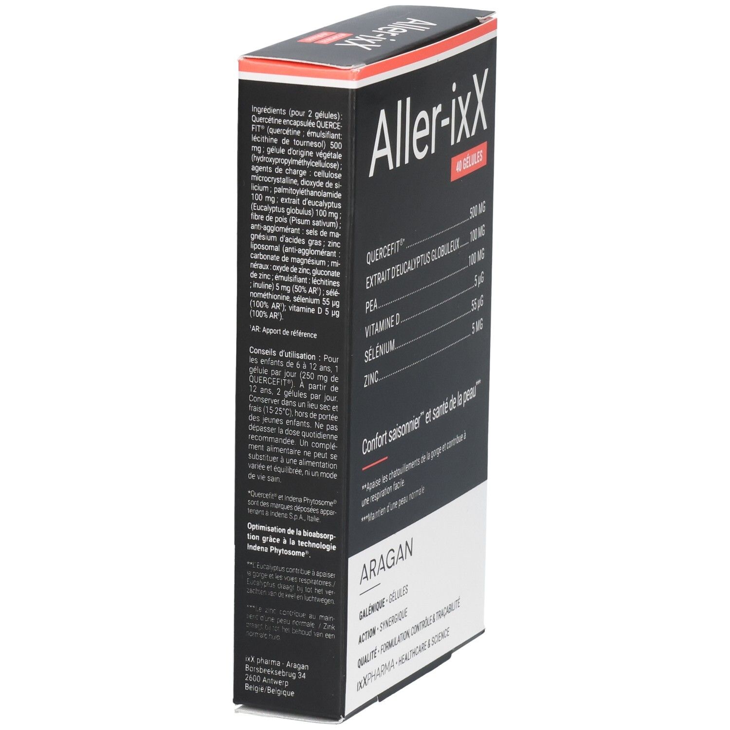 Vue latérale de la boîte Aller-ixX, 40 gélules. Ingrédients: Quercefit, Extrait d'Eucalyptus Globuleux, PEA, Vitamine D, Sélénium, Zinc. Marque: ARAGAN.