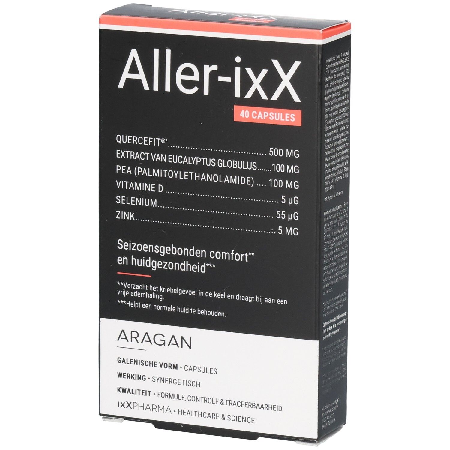 Boîte de Aller-ixX, 40 capsules. Ingrédients: Quercefit, Extrait d'Eucalyptus Globuleux, PEA, Vitamine D, Sélénium, Zinc. Marque: ARAGAN.