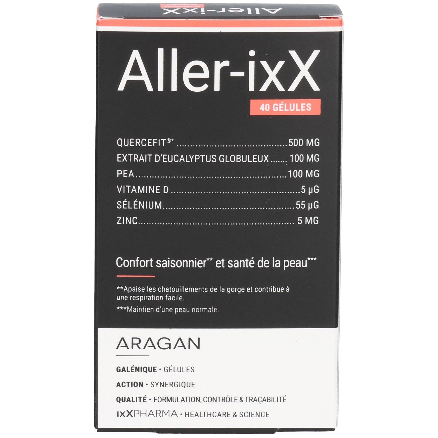 Boîte de Aller-ixX, 40 gélules. Ingrédients: Quercefit, Extrait d'Eucalyptus Globuleux, PEA, Vitamine D, Sélénium, Zinc. Marque: ARAGAN.