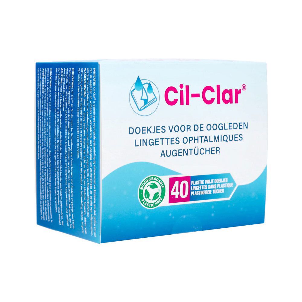 Verpackung von Cil-Clar Augenreinigungstüchern, 40 Stück, biologisch abbaubar und plastikfrei.