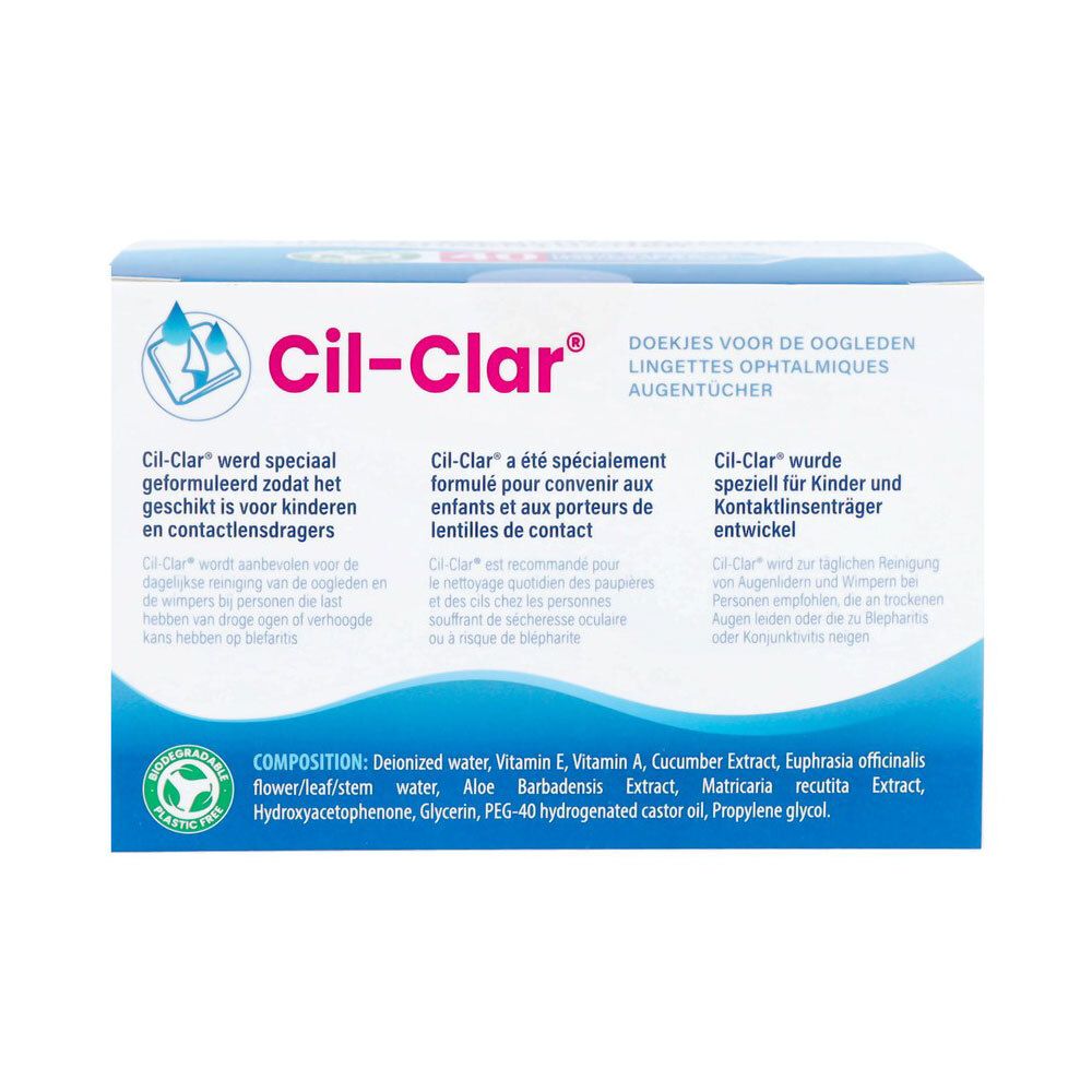 Rückseite der Cil-Clar Augenreinigungstücher-Verpackung mit Produktinformationen und Inhaltsstoffen.