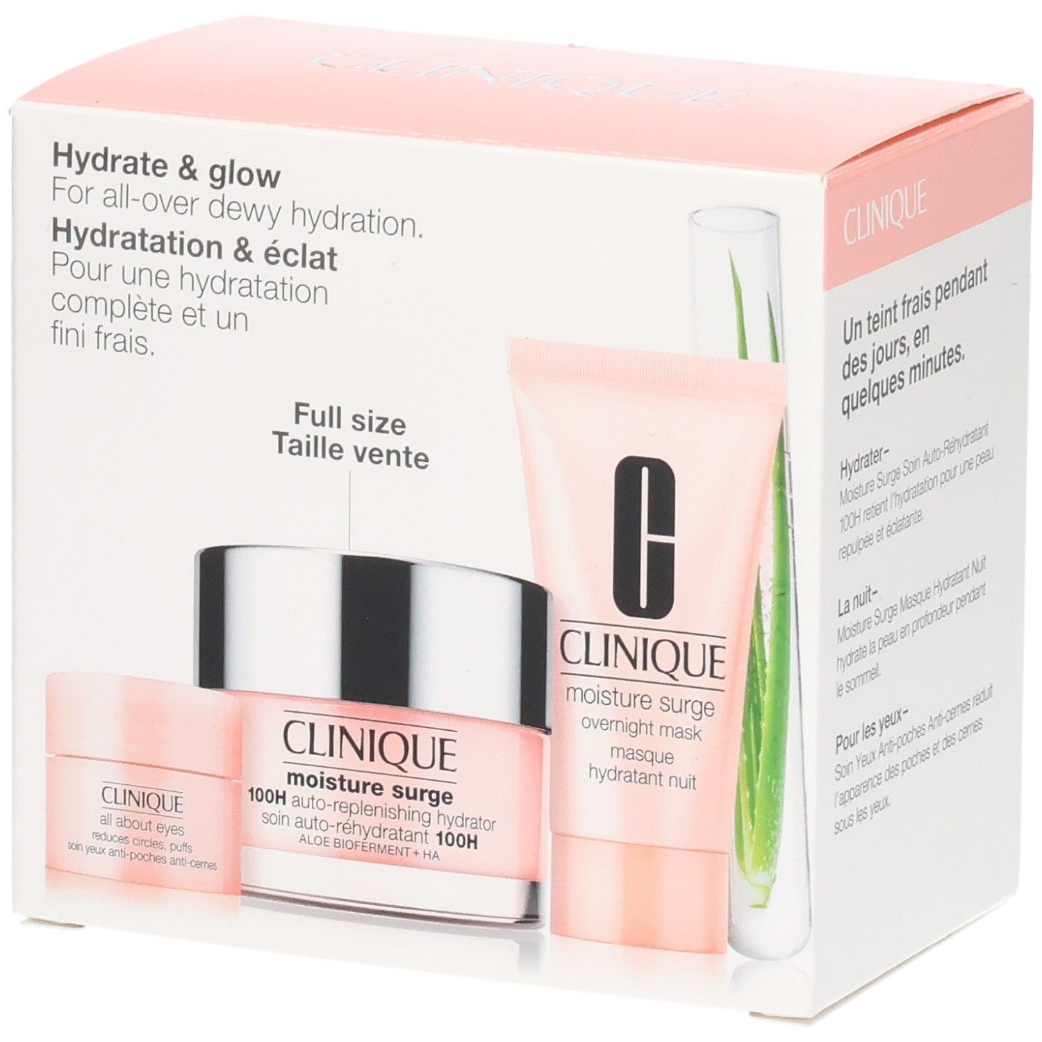 Clinique Geschenkset mit drei Produkten: Feuchtigkeitspflege, Augencreme und Nachtmaske. Rosa Verpackung mit Produktnamen.