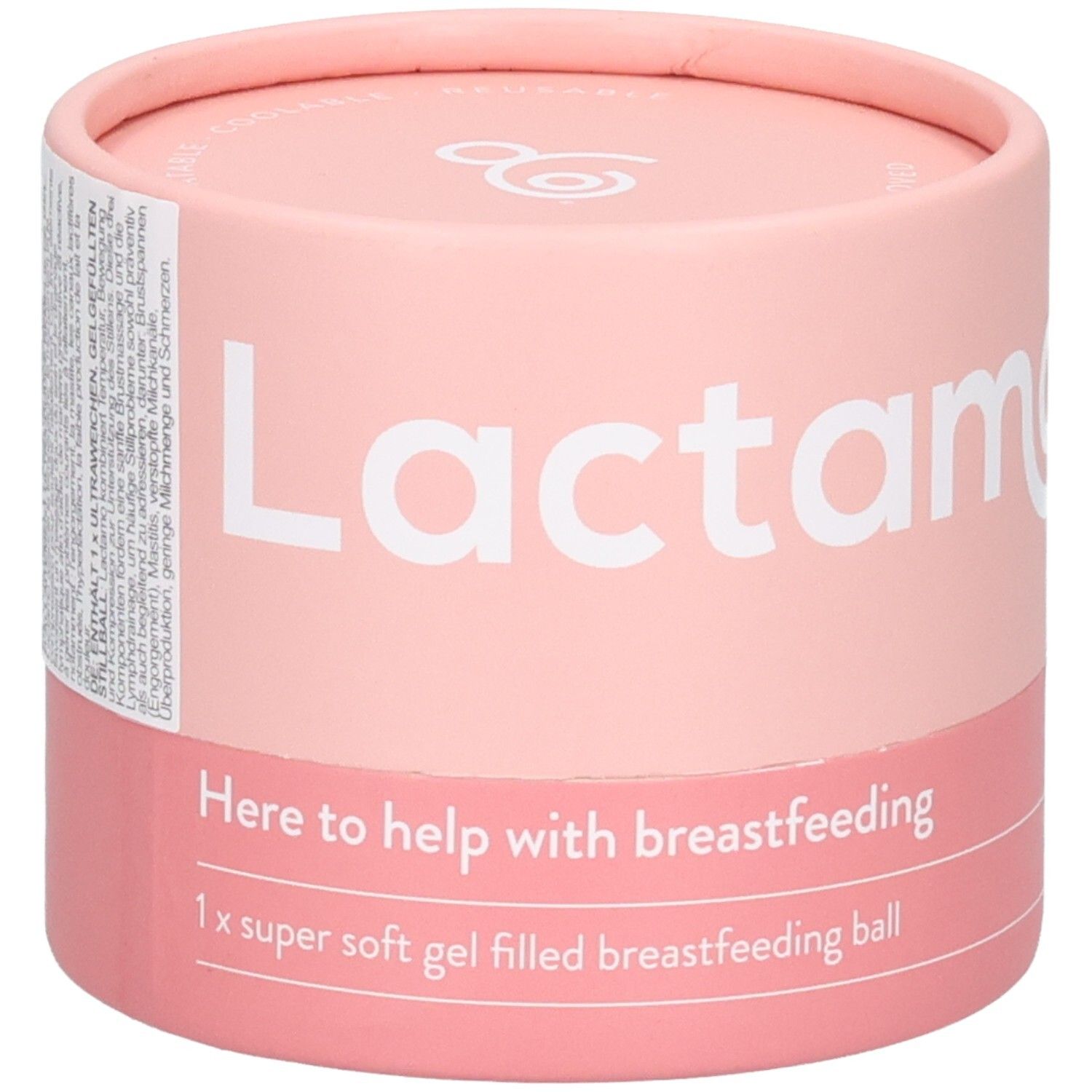 Lactamo Stillkugel-Massagegerät in runder Verpackung. "Here to help with breastfeeding" und "1x super soft gel filled breastfeeding ball" sind aufgedruckt.
