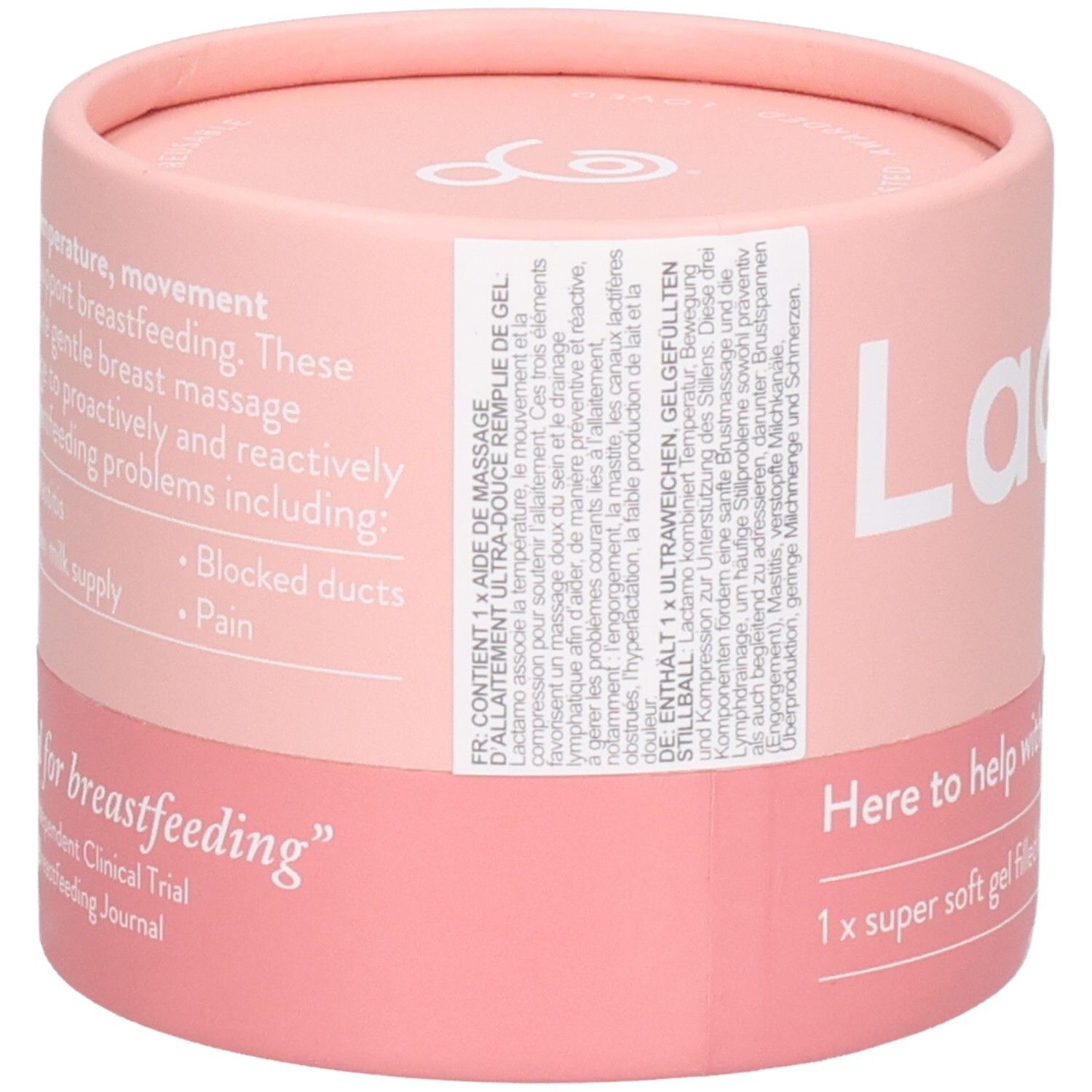 Lactamo Stillkugel-Massagegerät in Verpackung mit detaillierten Produktinformationen und Anwendungshinweisen in mehreren Sprachen.