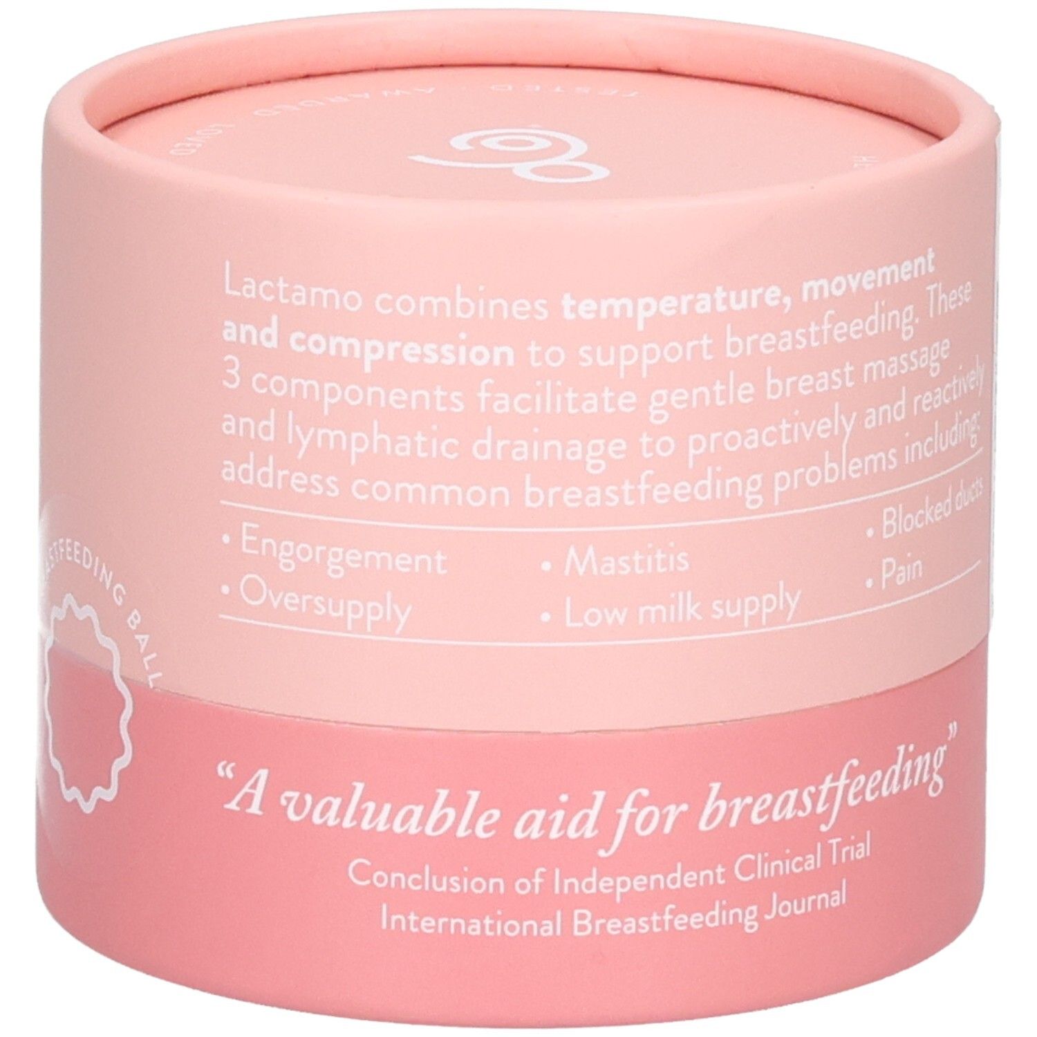 Lactamo Stillkugel-Massagegerät in Verpackung. Beschreibt die Vorteile der Anwendung zur Unterstützung des Stillens und zur Linderung von Beschwerden.
