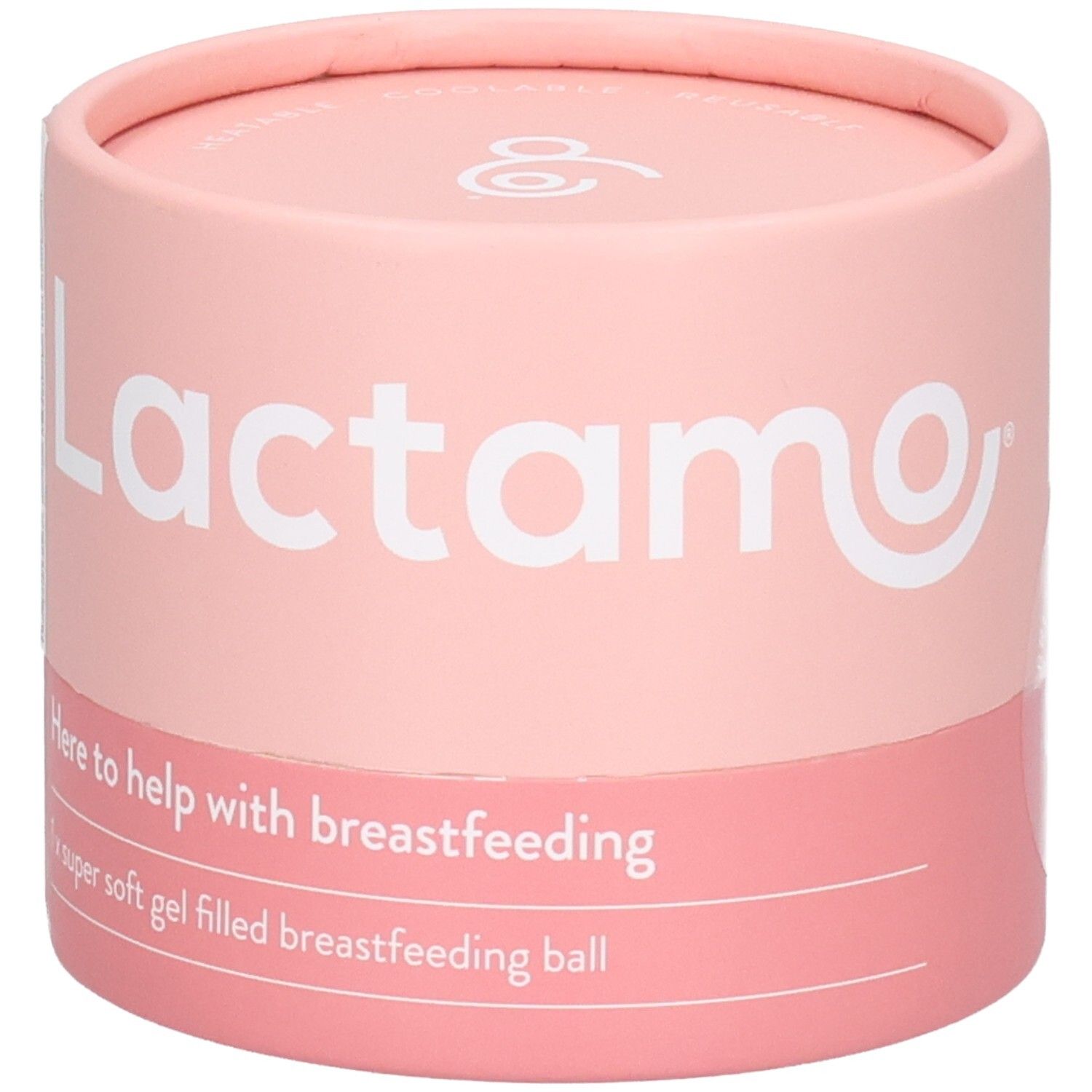 Lactamo Stillkugel-Massagegerät in runder Verpackung. "Here to help with breastfeeding" und "1x super soft gel filled breastfeeding ball" sind aufgedruckt.