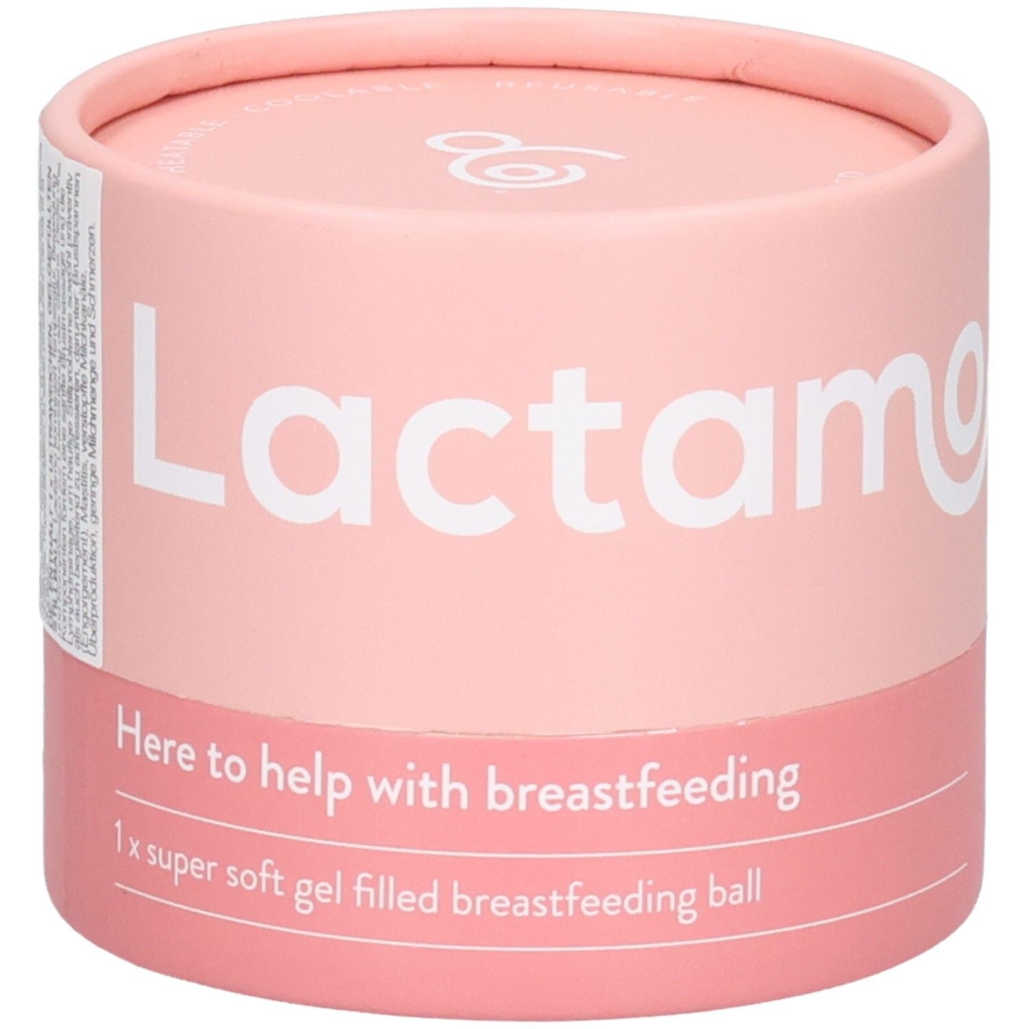 Lactamo Stillkugel-Massagegerät in runder Verpackung. "Here to help with breastfeeding" und "1x super soft gel filled breastfeeding ball" sind aufgedruckt.