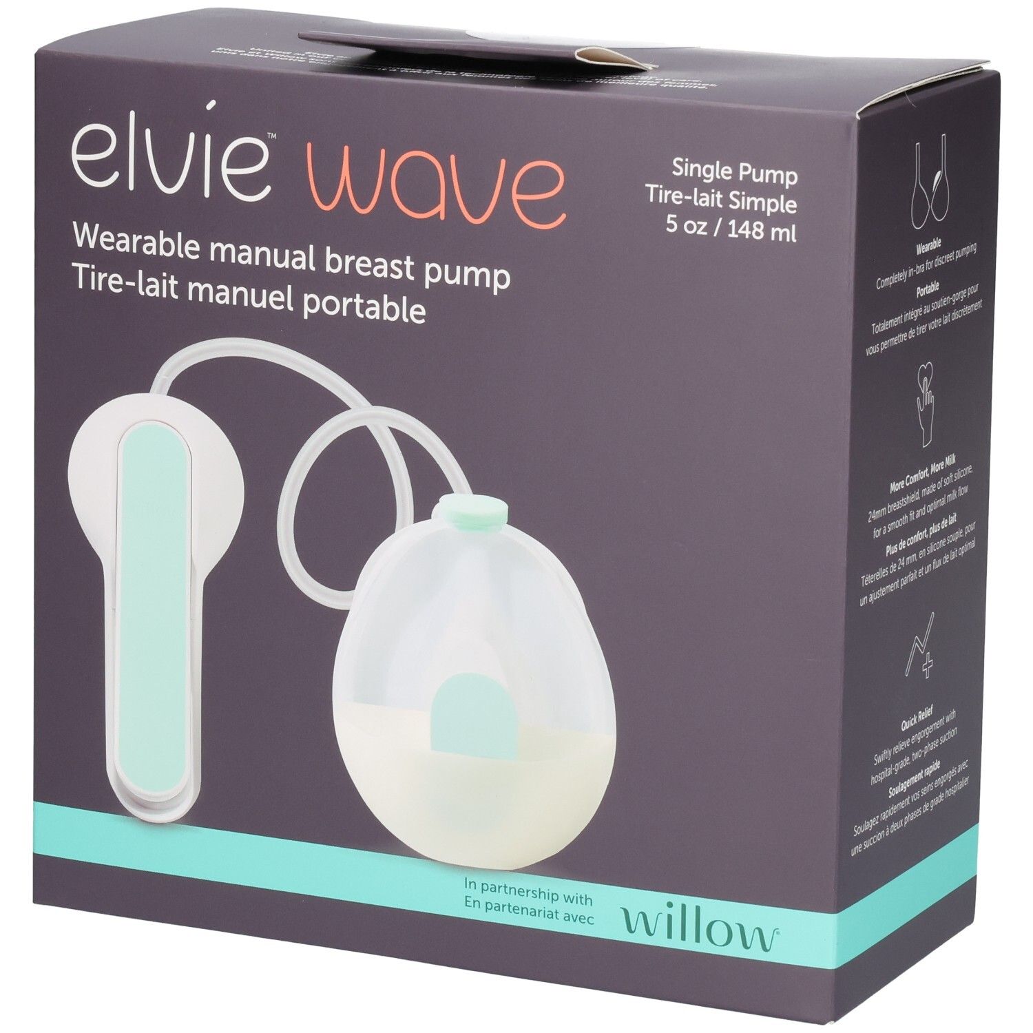Verpackung einer tragbaren manuellen Elvie Wave Milchpumpe.