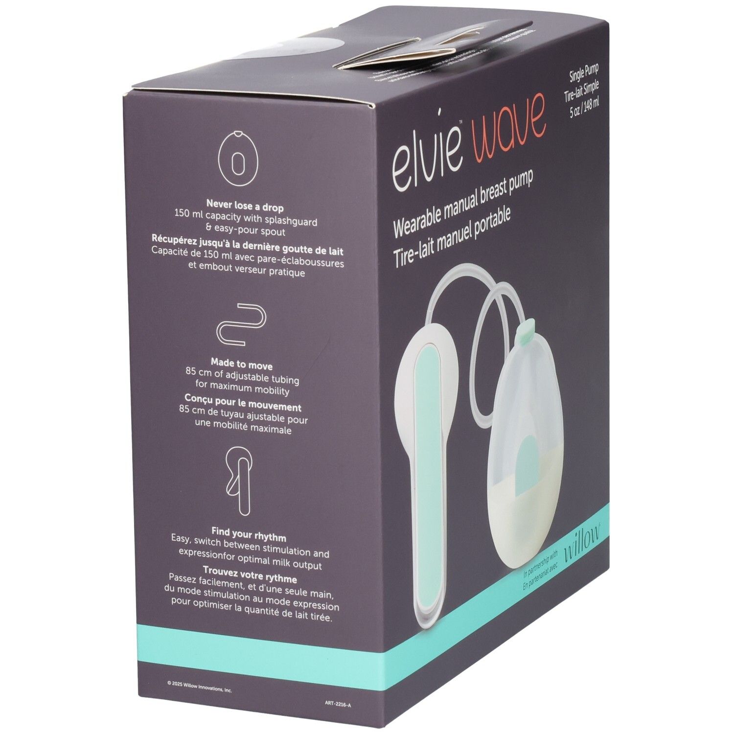 Verpackung einer tragbaren manuellen Elvie Wave Milchpumpe mit Abbildungen des Geräts und Textinformationen.