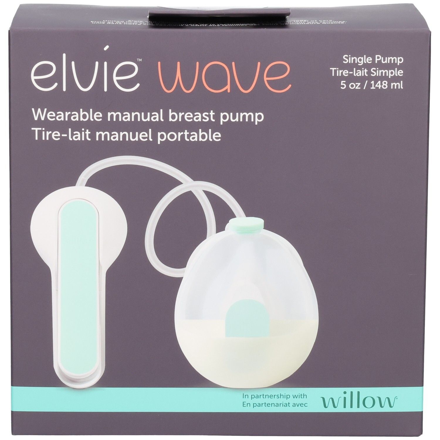 Verpackung einer tragbaren manuellen Milchpumpe mit dem Namen Elvie Wave.