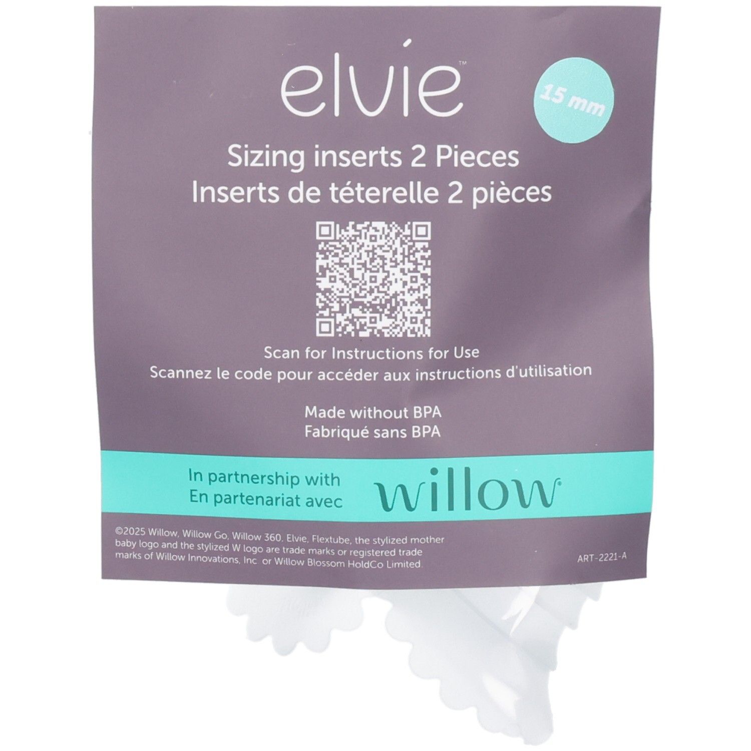Elvie 15 mm Sizing Inserts, 2 Stück. Hergestellt ohne BPA. Verpackung mit QR-Code und Herstellerinformationen.