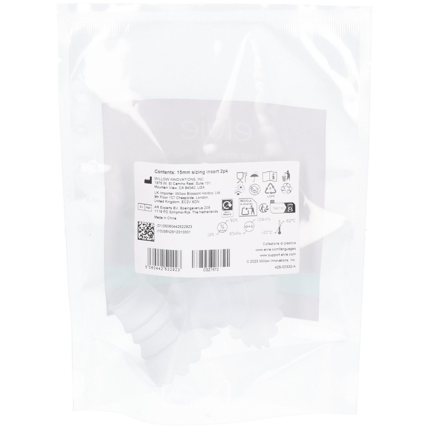 Elvie 15 mm Sizing Inserts, 2 Stück in versiegelter Plastikverpackung. Enthält Inhaltsangabe und Warnsymbole.