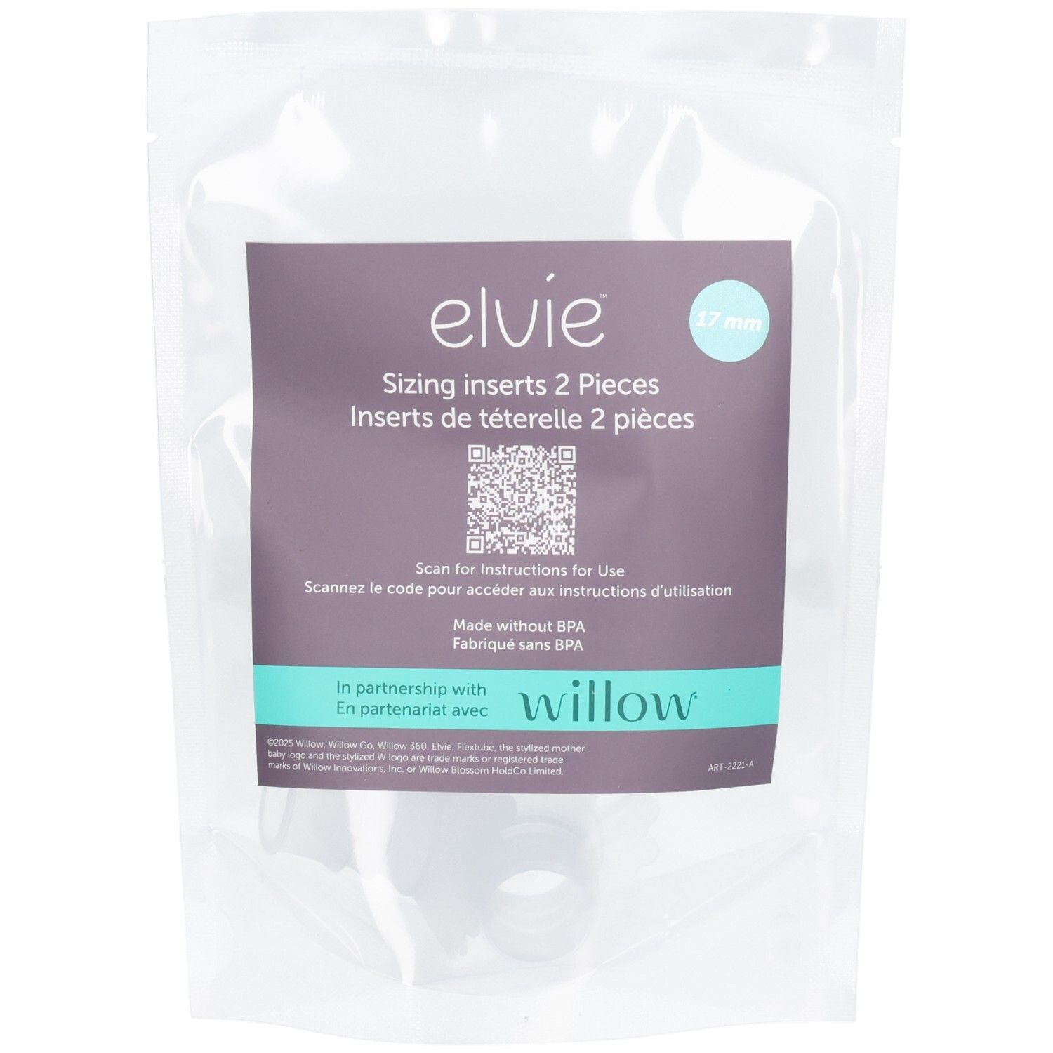 Elvie Sizing Inserts 2 Stück, 17mm, BPA-frei, in transparenter Verpackung mit Aufdruck.