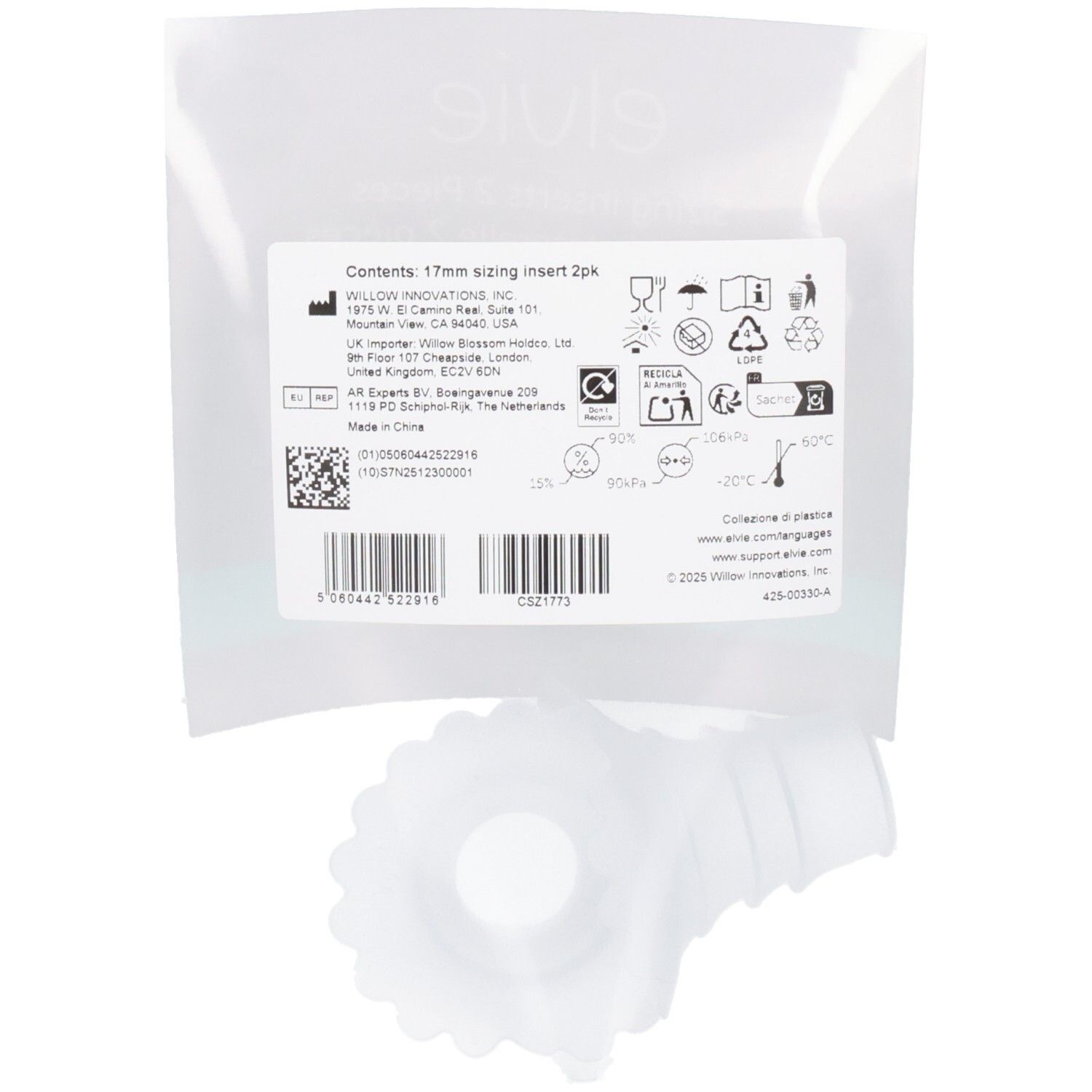Rückseite der Elvie Sizing Inserts 17mm Verpackung mit Inhaltsangabe und Symbolen.