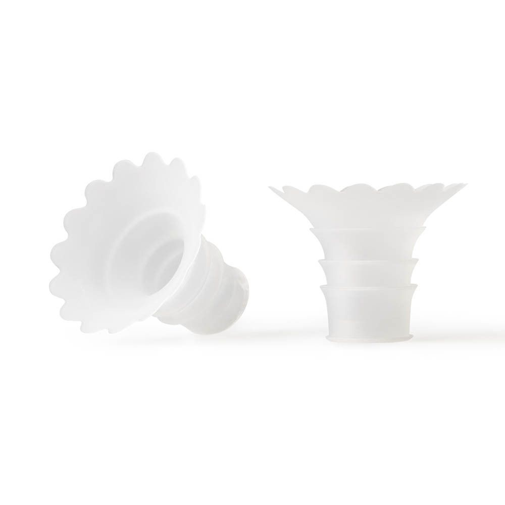 Deux inserts de taille Elvie blancs pour tire-lait, en matière souple, avec bord côtelé.