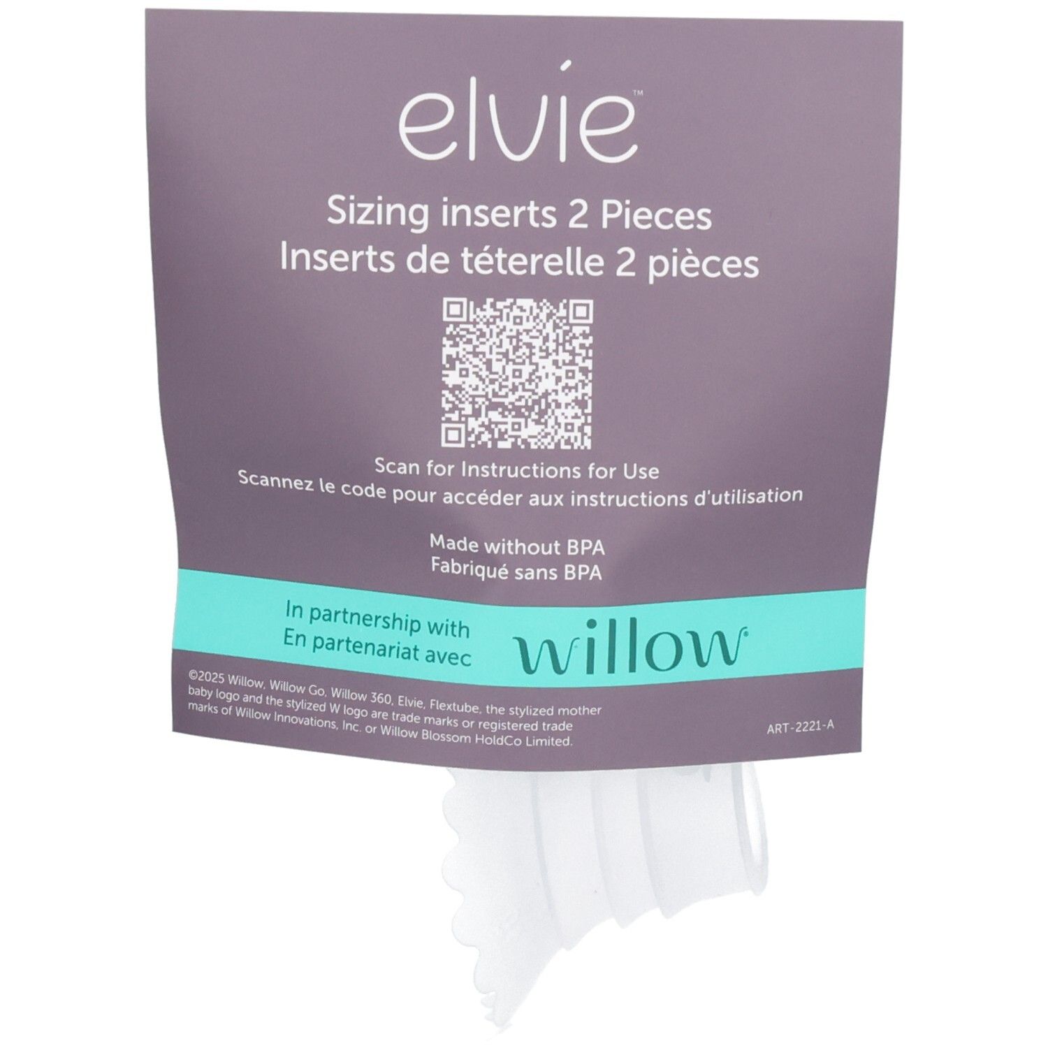 Verpackung mit zwei Elvie Sizing Inserts für Milchpumpen. BPA-frei. Mit Willow-Logo.