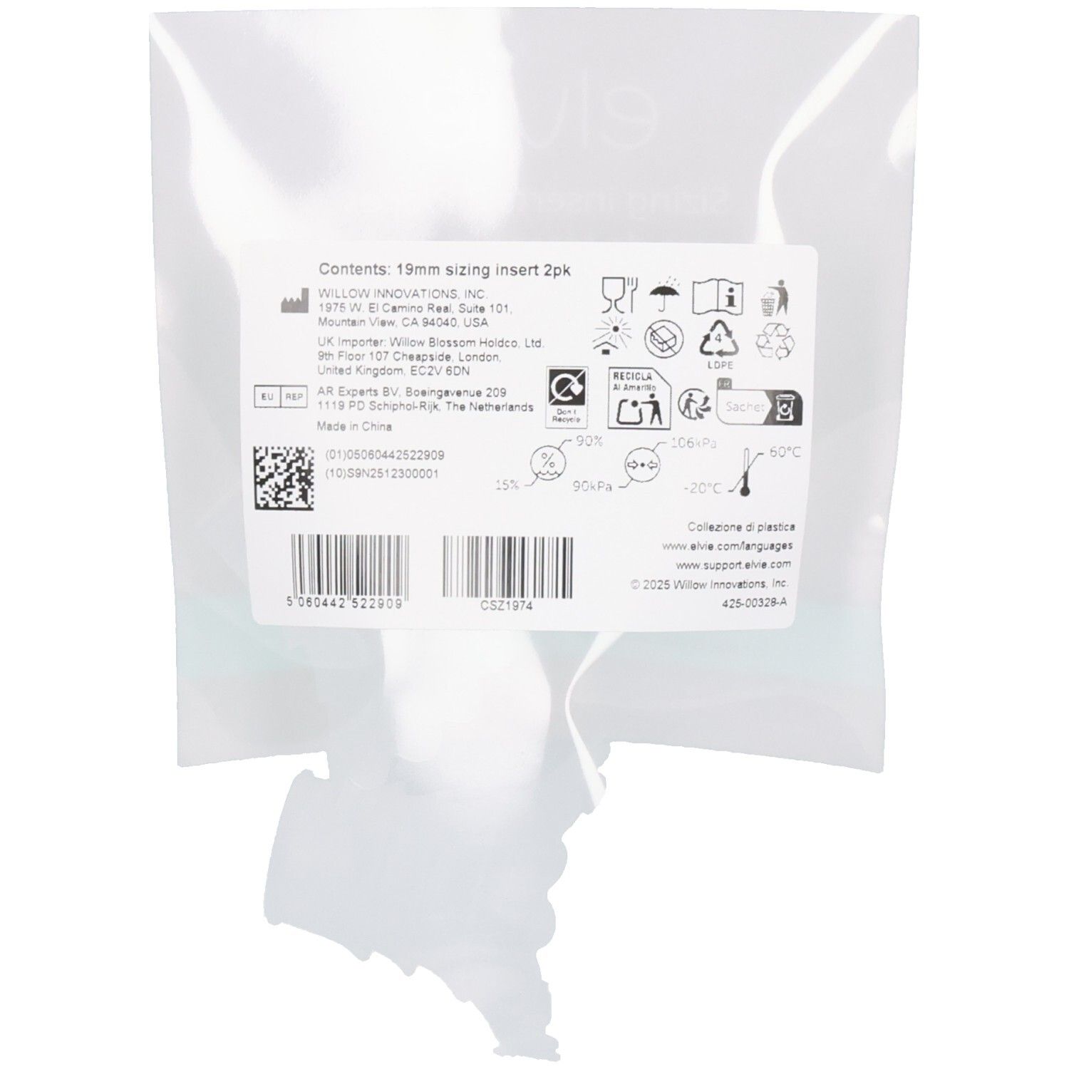 Verpackung mit zwei 19mm Elvie Sizing Inserts für Milchpumpen. Enthält Produktinformationen und Symbole.